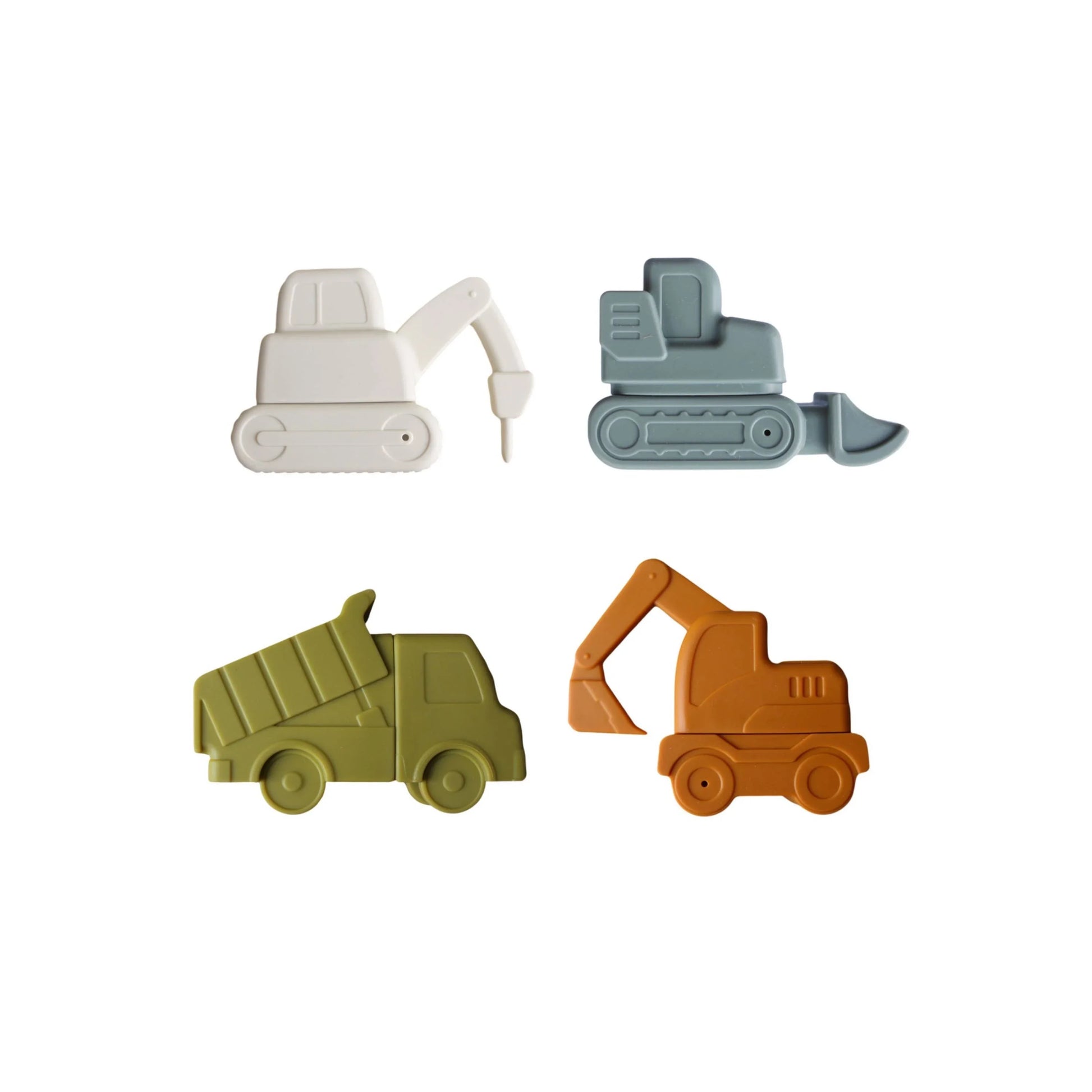 Four colorful silicone toy construction vehicles on white background. Come see us at Awaken, Franklin, Tennessee