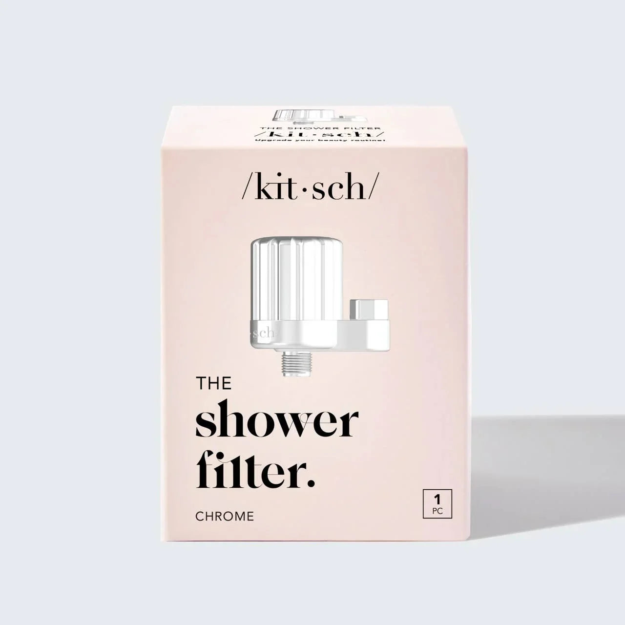 Kitsch chrome shower filter retail box on light background, Come see us at Awaken, Franklin, Tennessee