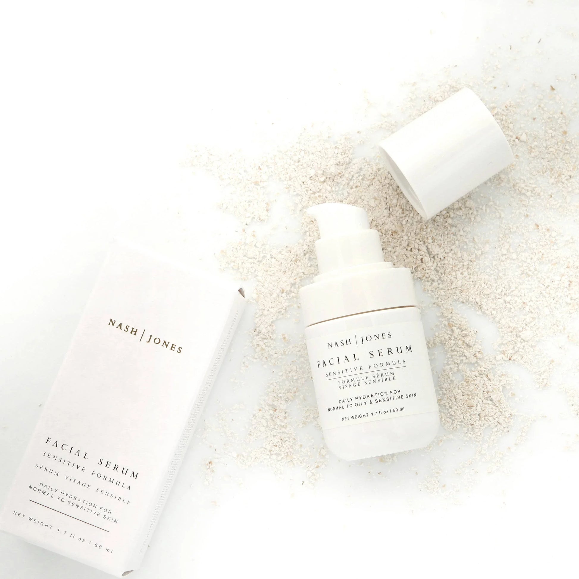 Nash Jones facial serum for sensitive skin with white packaging on a white background, natural skincare. Come see us at Awaken, Franklin, Tennessee