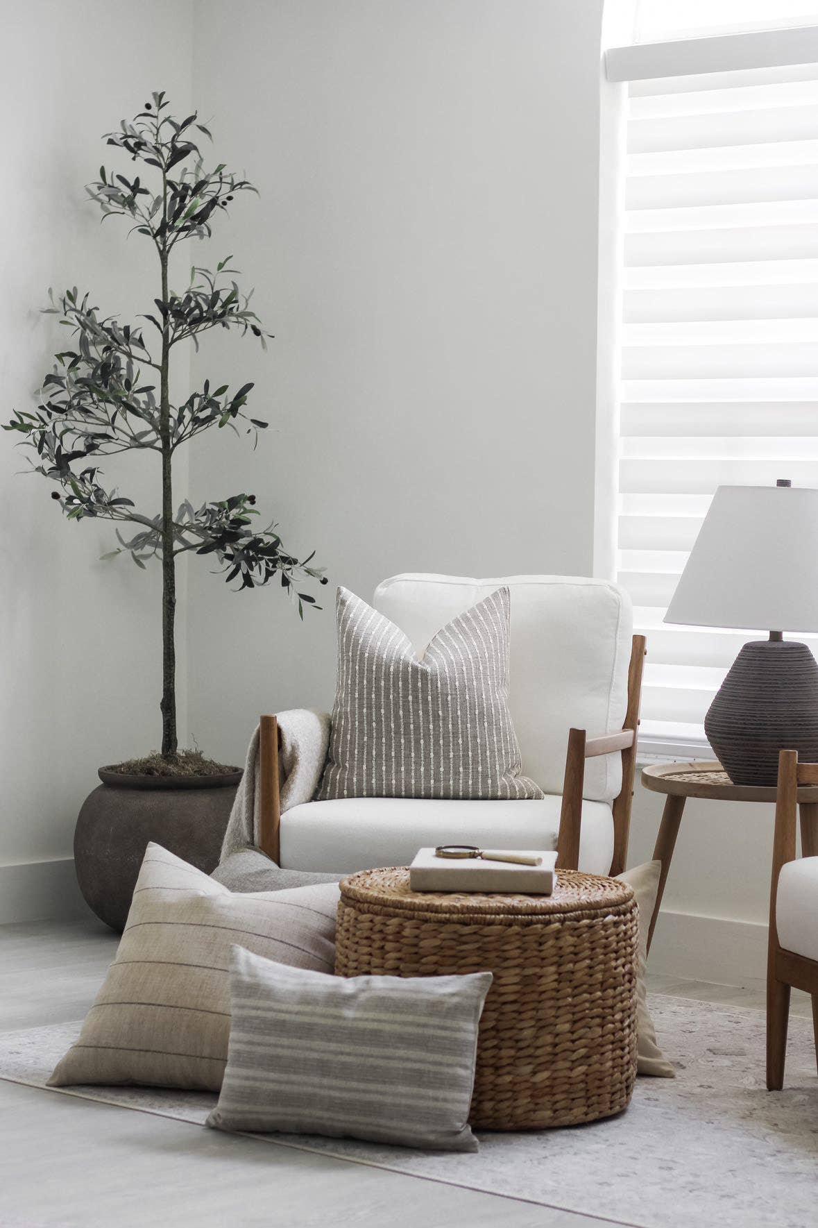 Cozy living room with white cushioned chairs, striped pillows, woven coffee table, potted plant, and lamp. Come see us at Awaken, Franklin, Tennessee