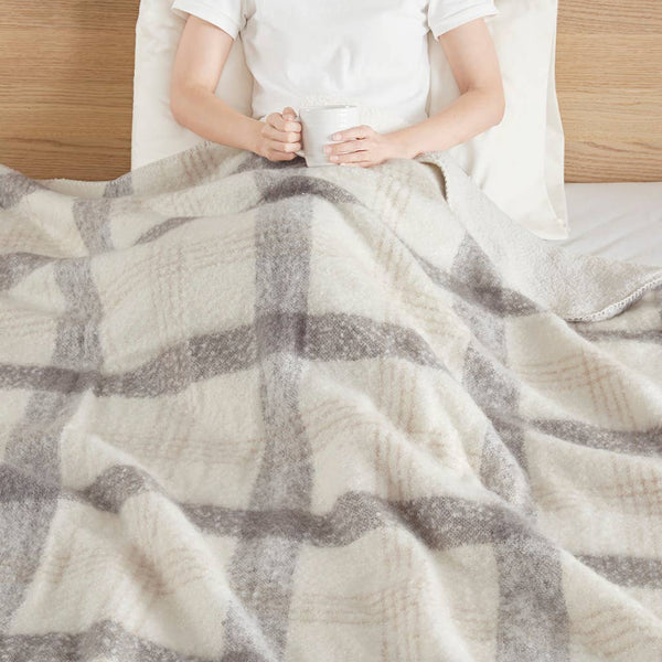 Olliix - Plaid Faux Mohair Sherpa Soft Throw Blanket 50x60", Ivory