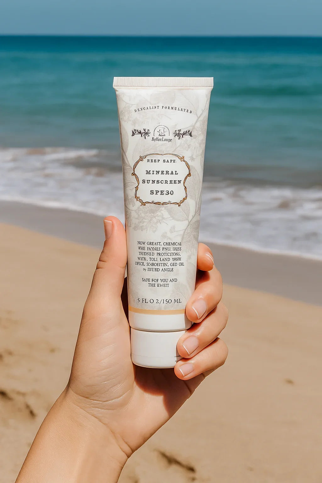 Hand holding Reef Safe Mineral Sunscreen SPF 30 tube on beach with ocean background. Come see us at Awaken, Franklin, Tennessee