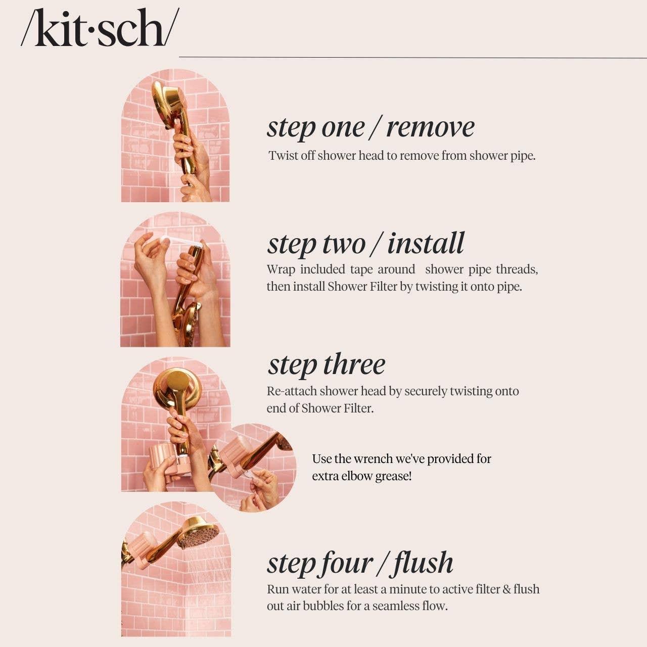 Step-by-step Kitsch shower filter installation guide with pink tile background; Come see us at Awaken, Franklin, Tennessee