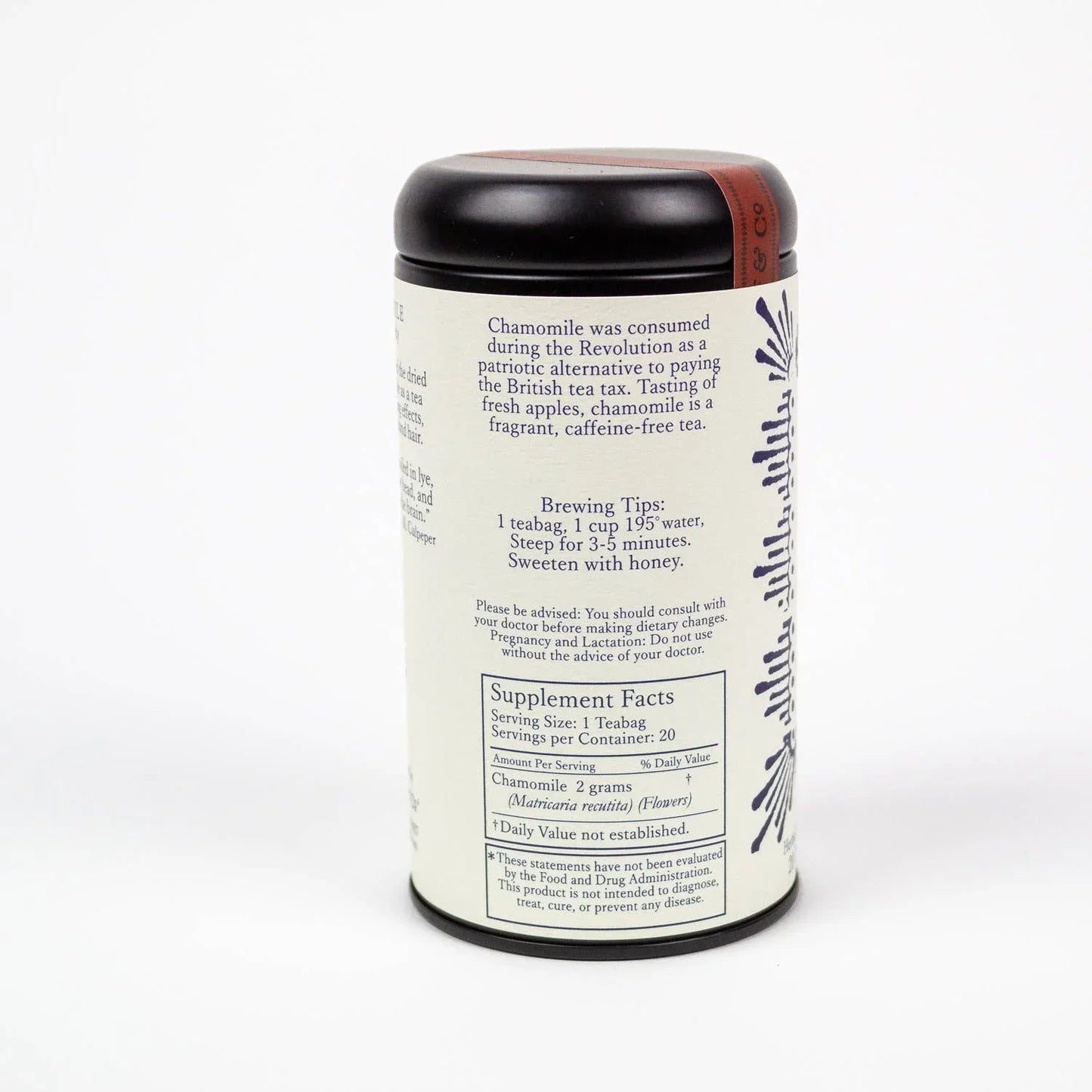 Chamomile tea container with brewing tips and supplement facts, white background. Come see us at Awaken, Franklin, Tennessee