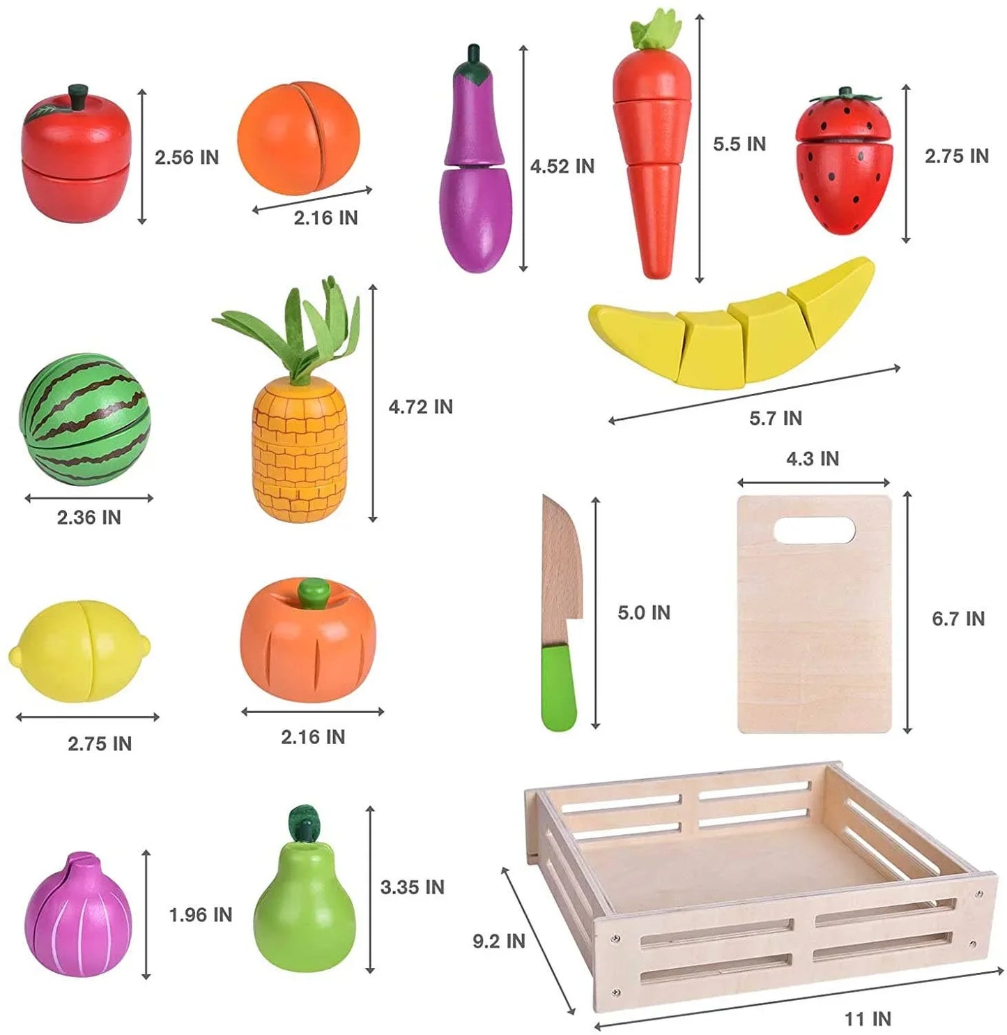 Wooden play food fruits and vegetables set with tray and measurements, Come see us at Awaken, Franklin, Tennessee