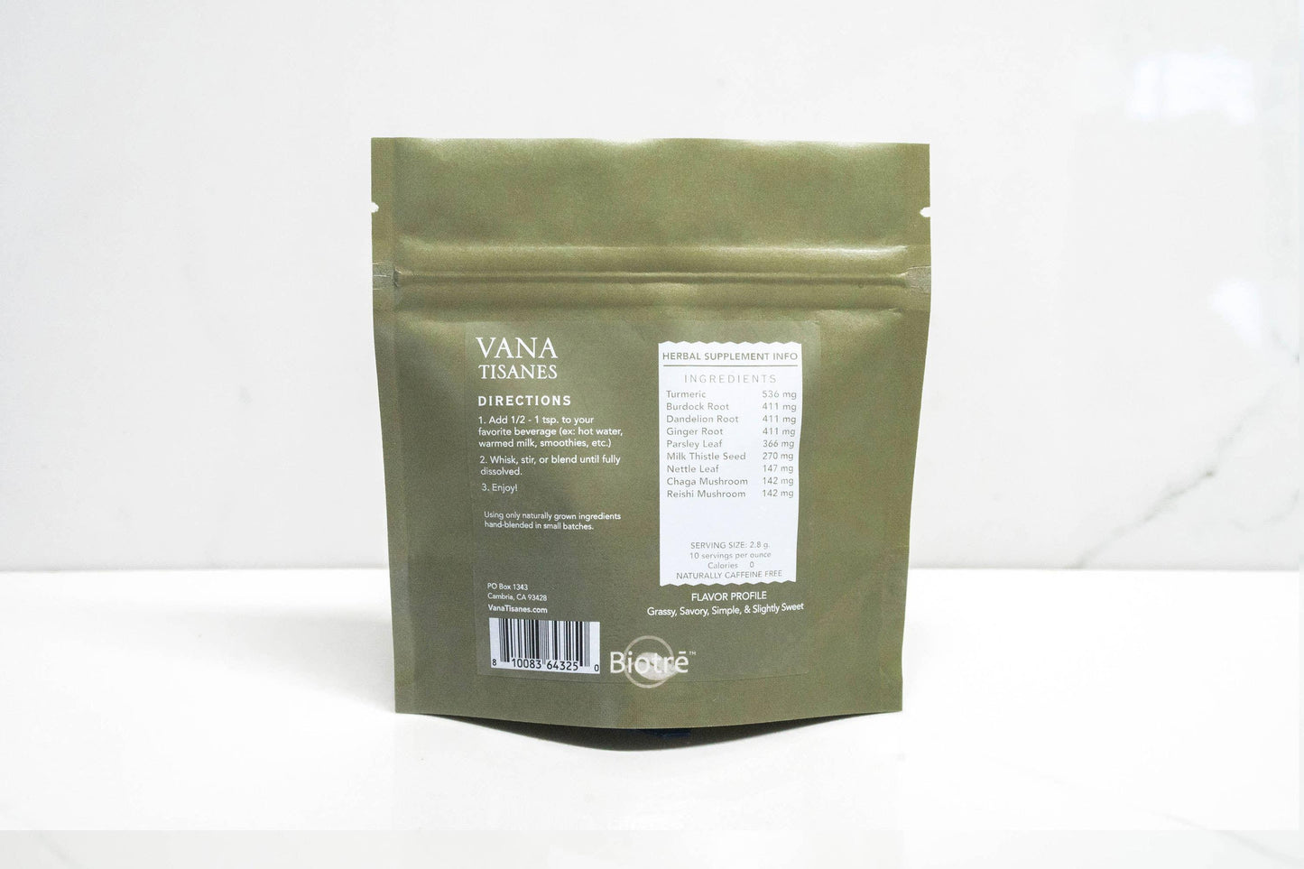 Back of Vana Tisanes herbal supplement pouch showing ingredients and directions. Come see us at Awaken, Franklin, Tennessee