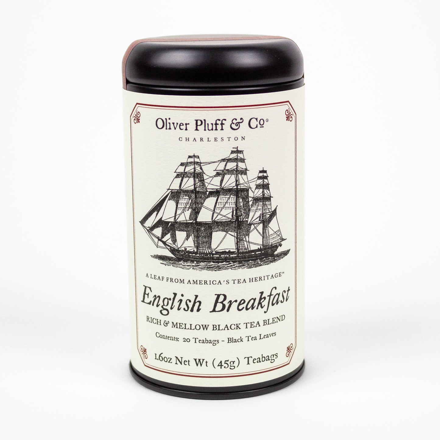 Oliver Pluff & Co English Breakfast black tea tin with ship illustration, 20 teabags, 45g. Come see us at Awaken, Franklin, Tennessee