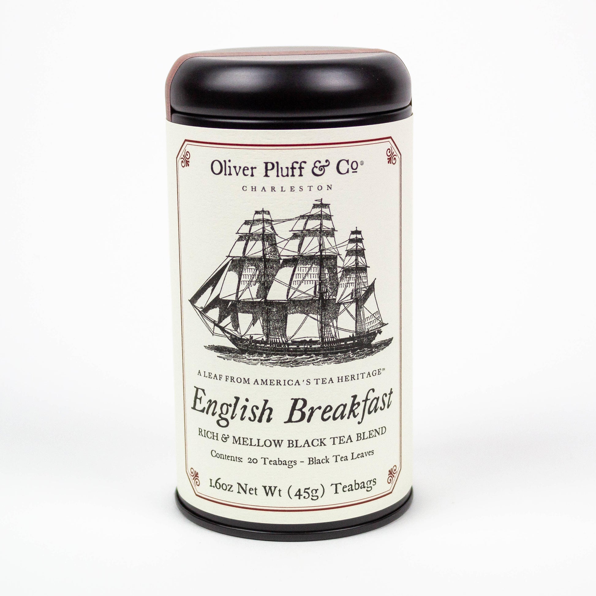 Oliver Pluff & Co English Breakfast black tea tin with ship illustration, 20 teabags, 45g. Come see us at Awaken, Franklin, Tennessee