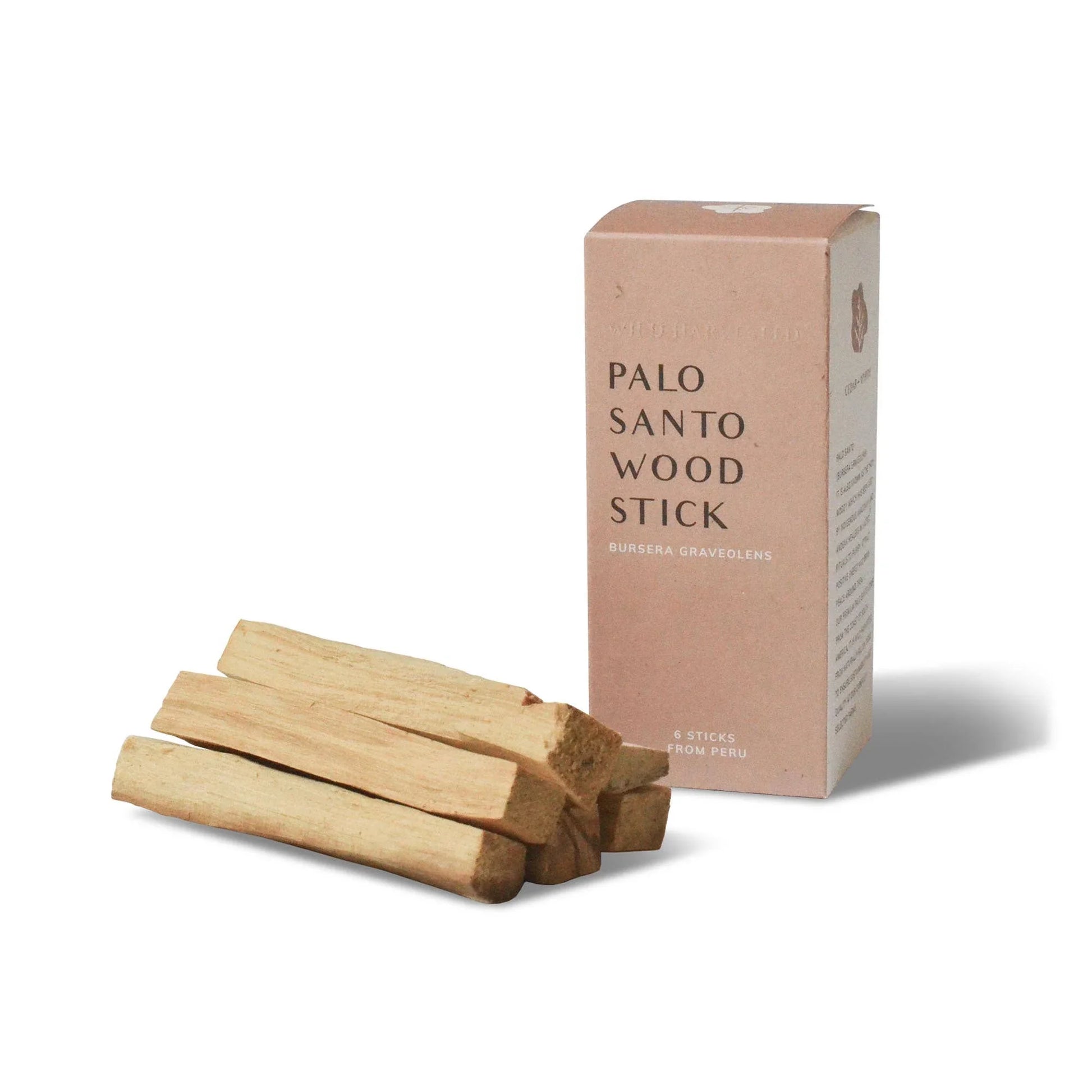 Palo Santo wood sticks with natural beige packaging box labeled from Peru. Come see us at Awaken, Franklin, Tennessee
