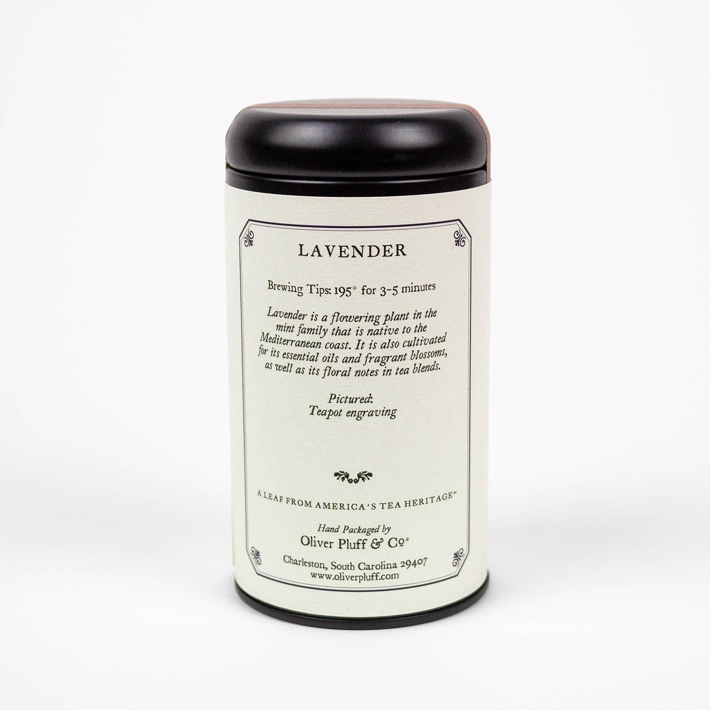 Olive Pluff Lavender tea tin with brewing tips and product info, black lid on white background. Come see us at Awaken, Franklin, Tennessee