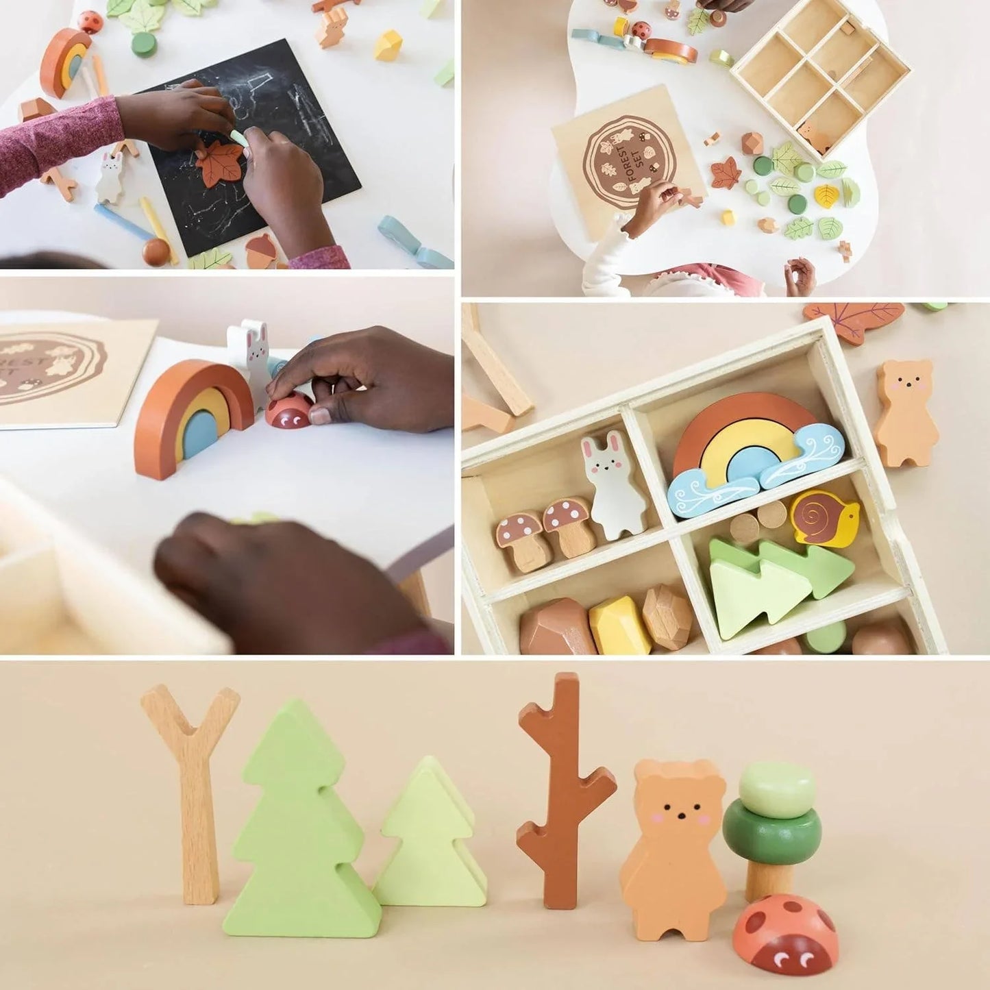 Children playing with colorful wooden forest-themed toys and animal figures on white tables. Come see us at Awaken, Franklin, Tennessee