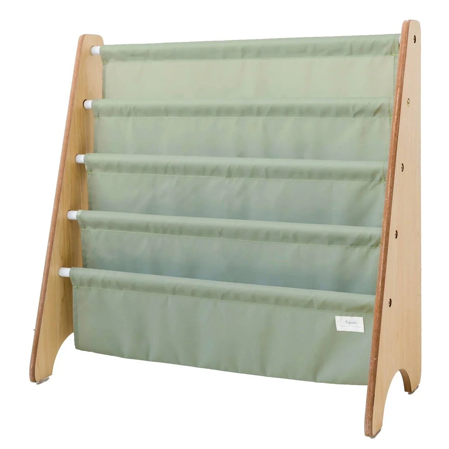 Kids' wooden bookshelf with sage green fabric pockets. Come see us at Awaken, Franklin, Tennessee.
