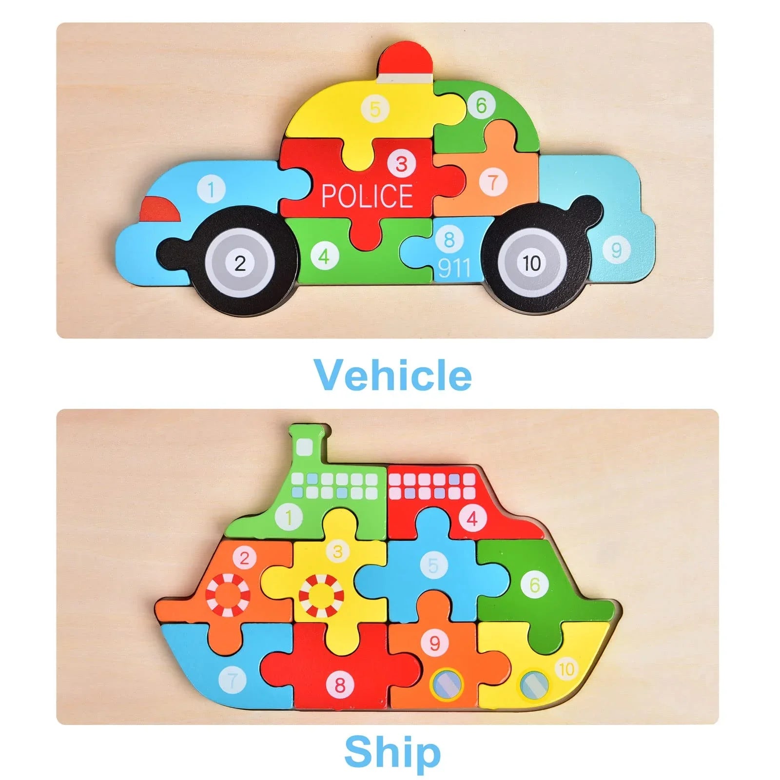 Colorful wooden puzzles of a police car and a ship, Come see us at Awaken, Franklin, Tennessee.