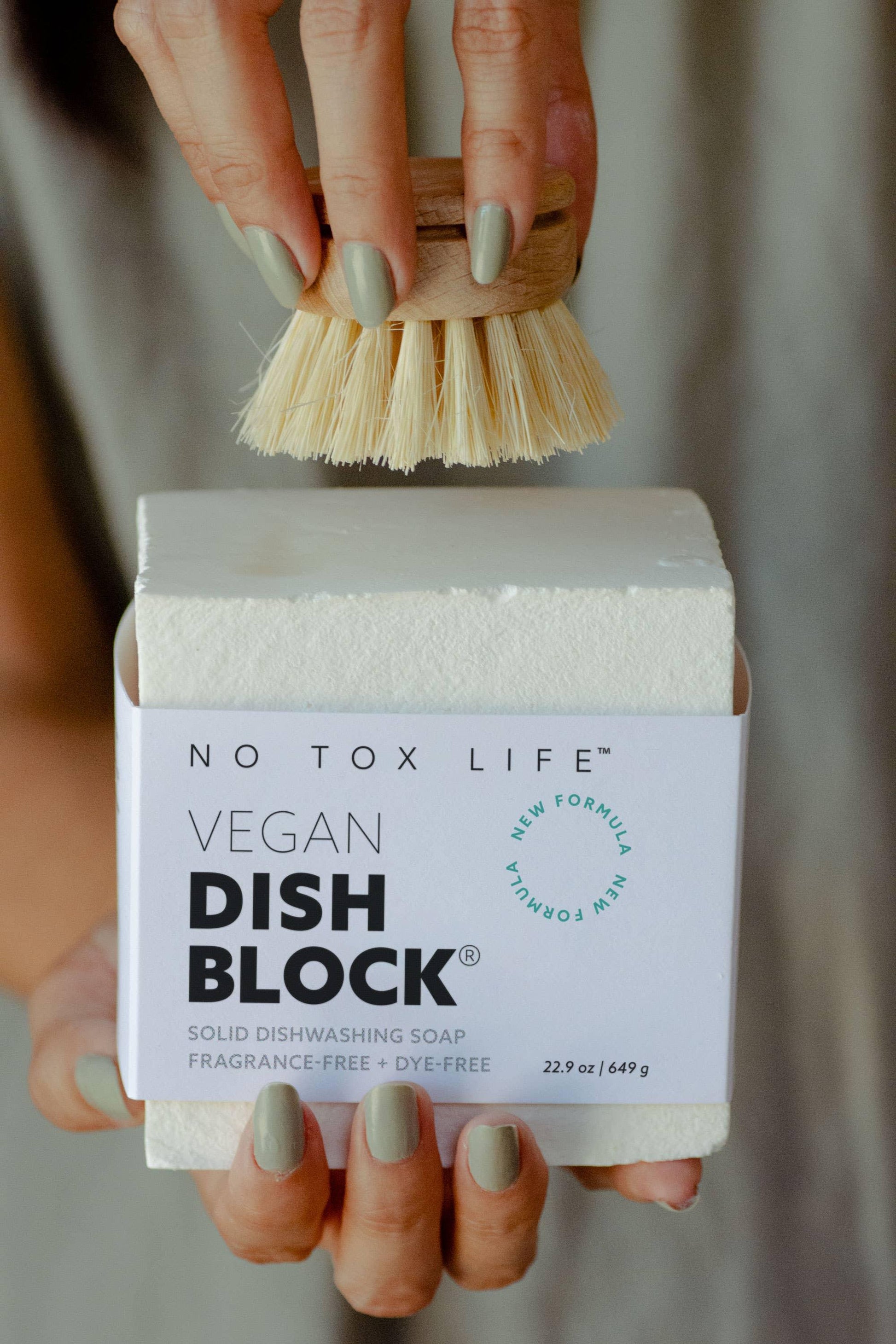 Hand holding vegan Dish Block solid dishwashing soap with brush, fragrance-free, dye-free. Come see us at Awaken, Franklin, Tennessee