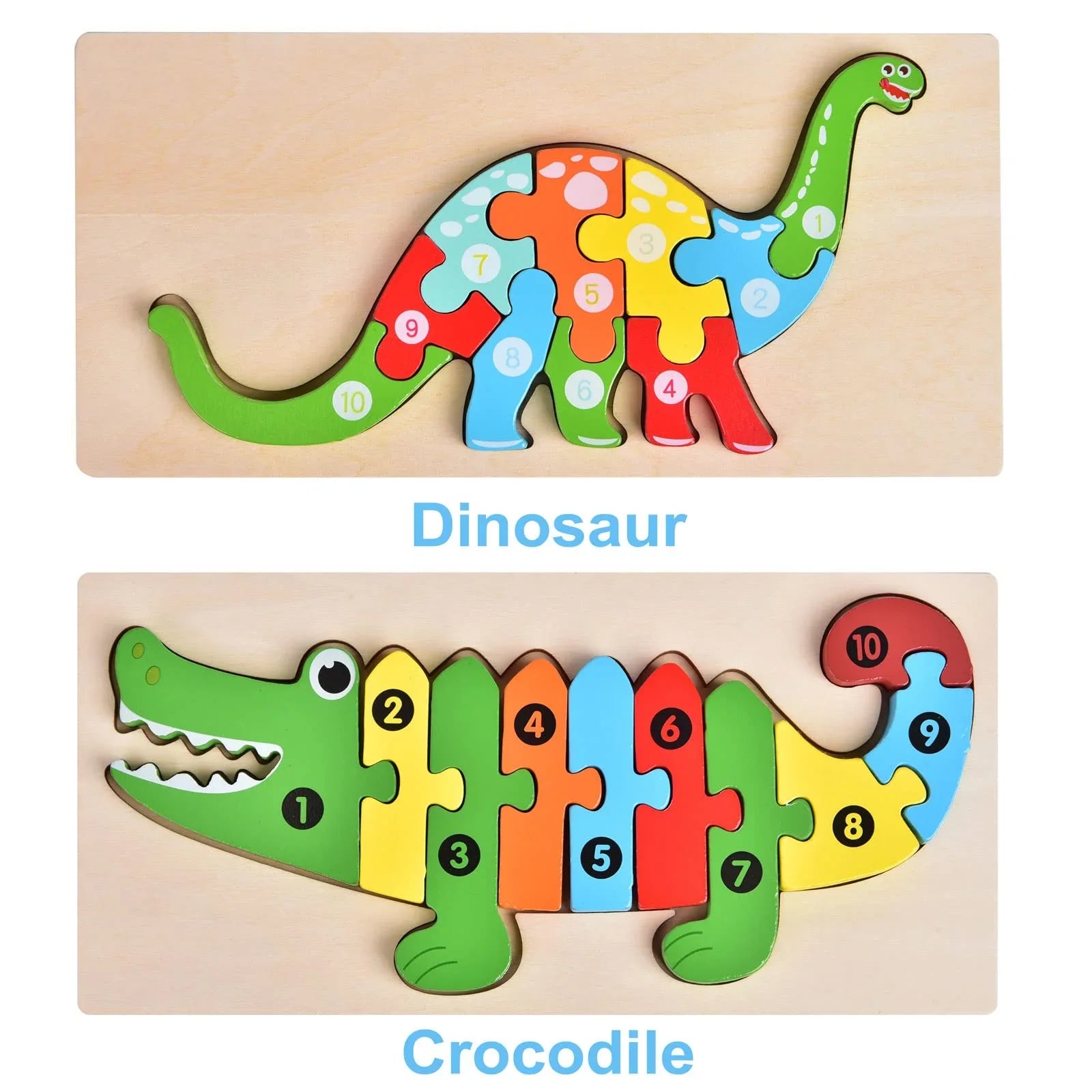 Colorful dinosaur and crocodile wooden puzzle toys with numbers, Come see us at Awaken, Franklin, Tennessee