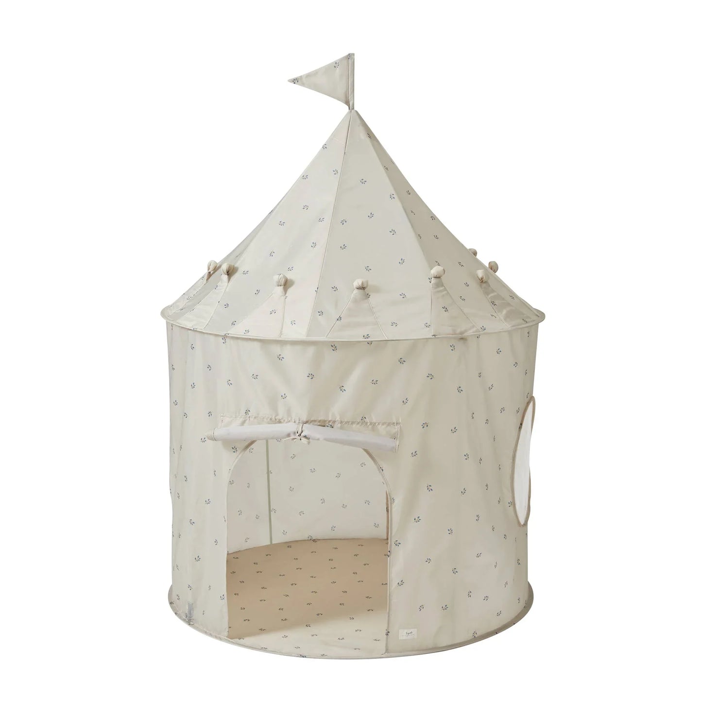 Beige children's play tent with small blue floral pattern, round window, and flag top, Come see us at Awaken, Franklin, Tennessee