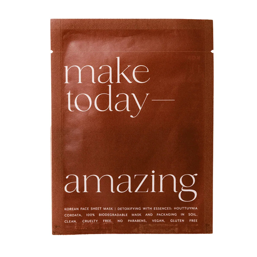 Brown Korean face sheet mask pouch with 'make today amazing' text, Come see us at Awaken, Franklin, Tennessee