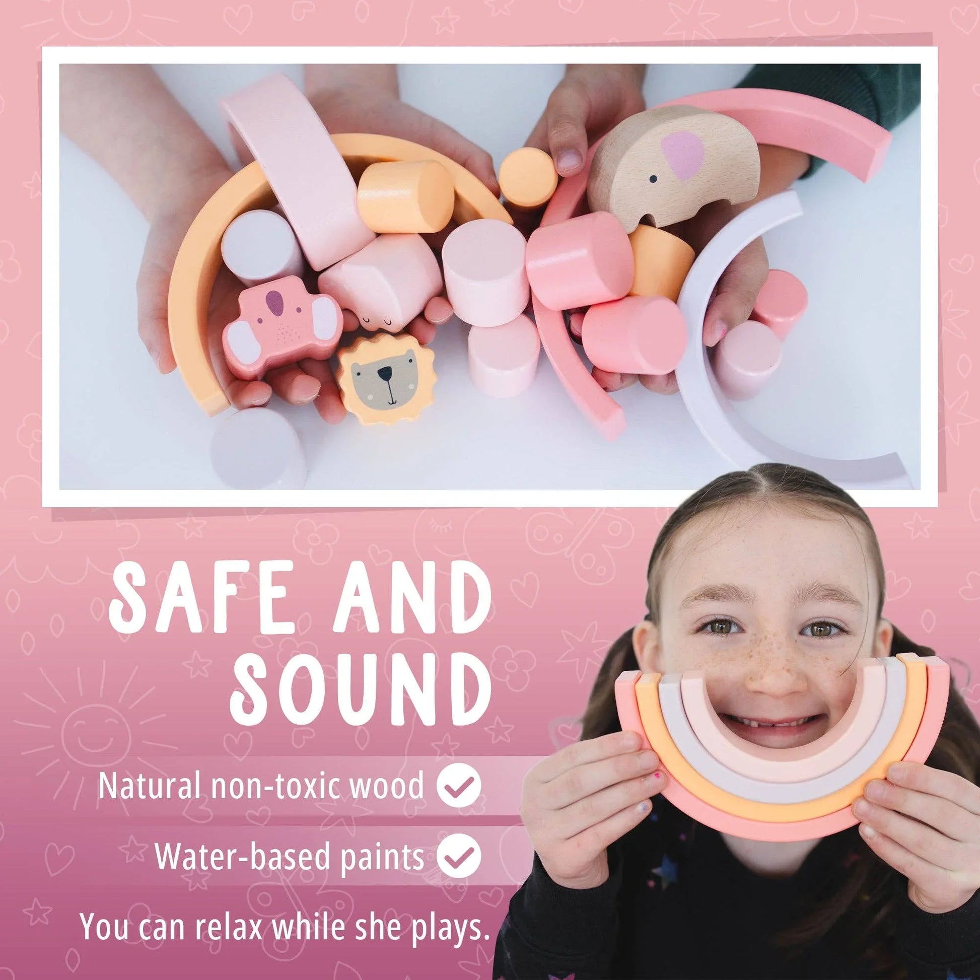 Child holding pastel wooden rainbow toy with natural non-toxic wood and water-based paints, Come see us at Awaken, Franklin, Tennessee
