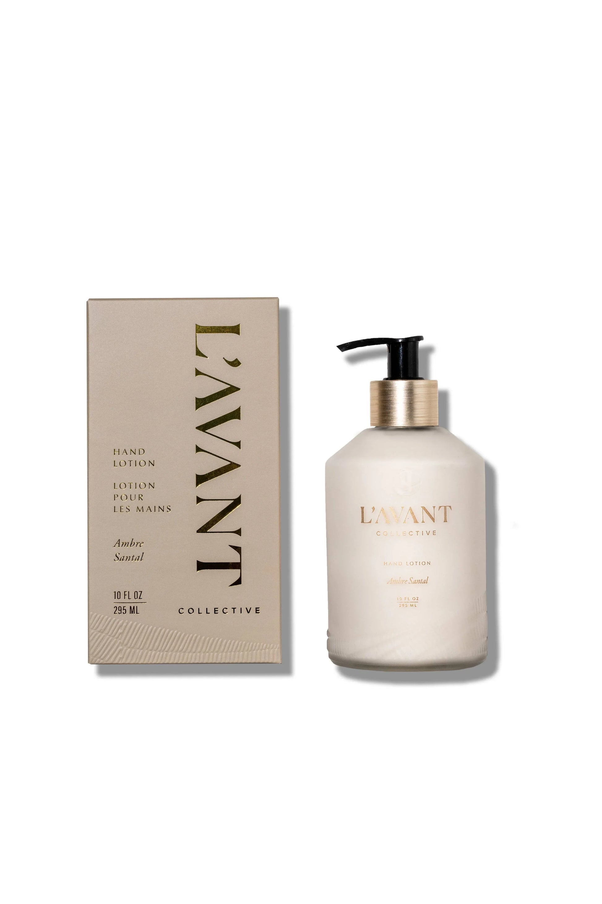 L'AVANT Collective Ambre Santal hand lotion bottle with pump and matching packaging box. Come see us at Awaken, Franklin, Tennessee