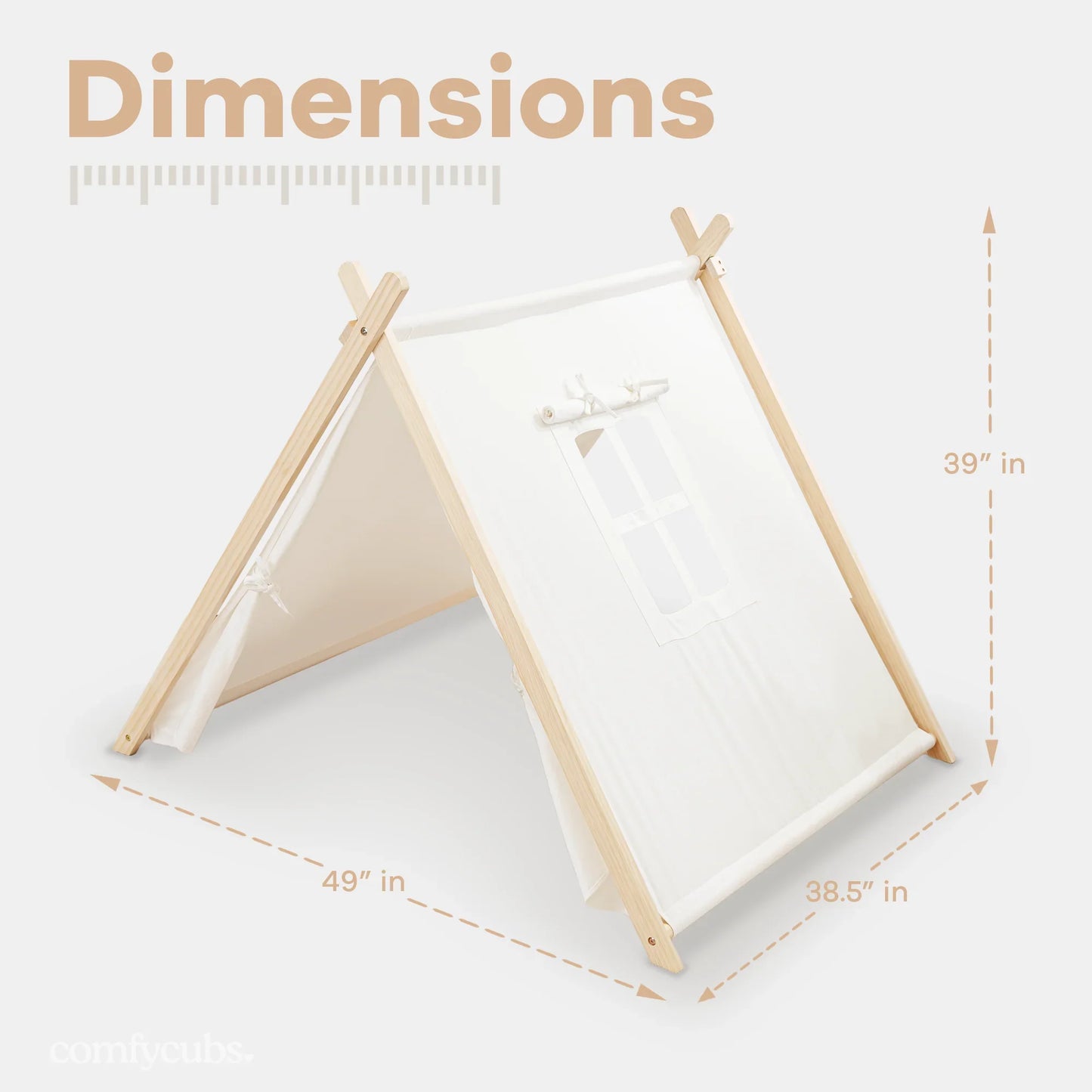 Kids play tent with wooden frame and fabric sides, dimensions 49 x 38.5 x 39 inches. Come see us at Awaken, Franklin, Tennessee.