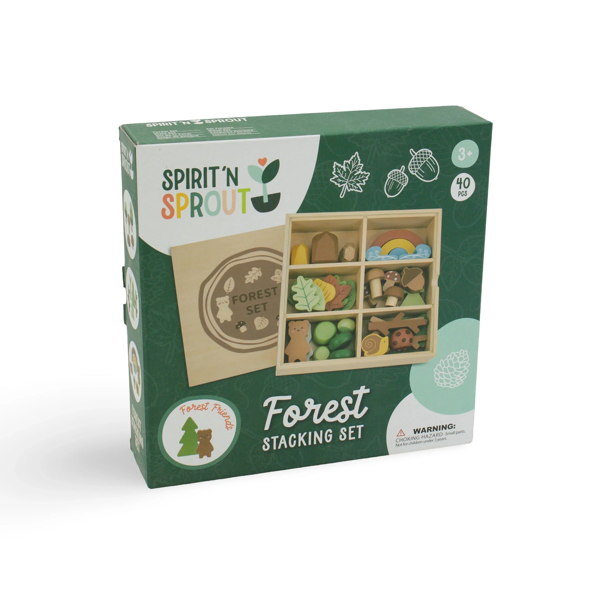Spirit'N Sprout Forest Stacking Set wooden toy with forest animals and shapes, 40 pieces, ages 3+, Come see us at Awaken, Franklin, Tennessee