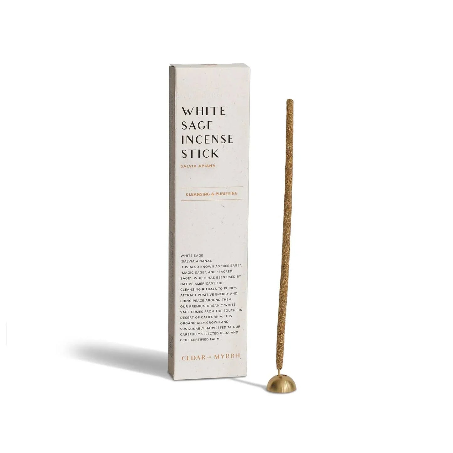 White Sage Incense Stick with Cedar and Myrrh packaging and brass holder, cleansing and purifying scent. Come see us at Awaken, Franklin, Tennessee