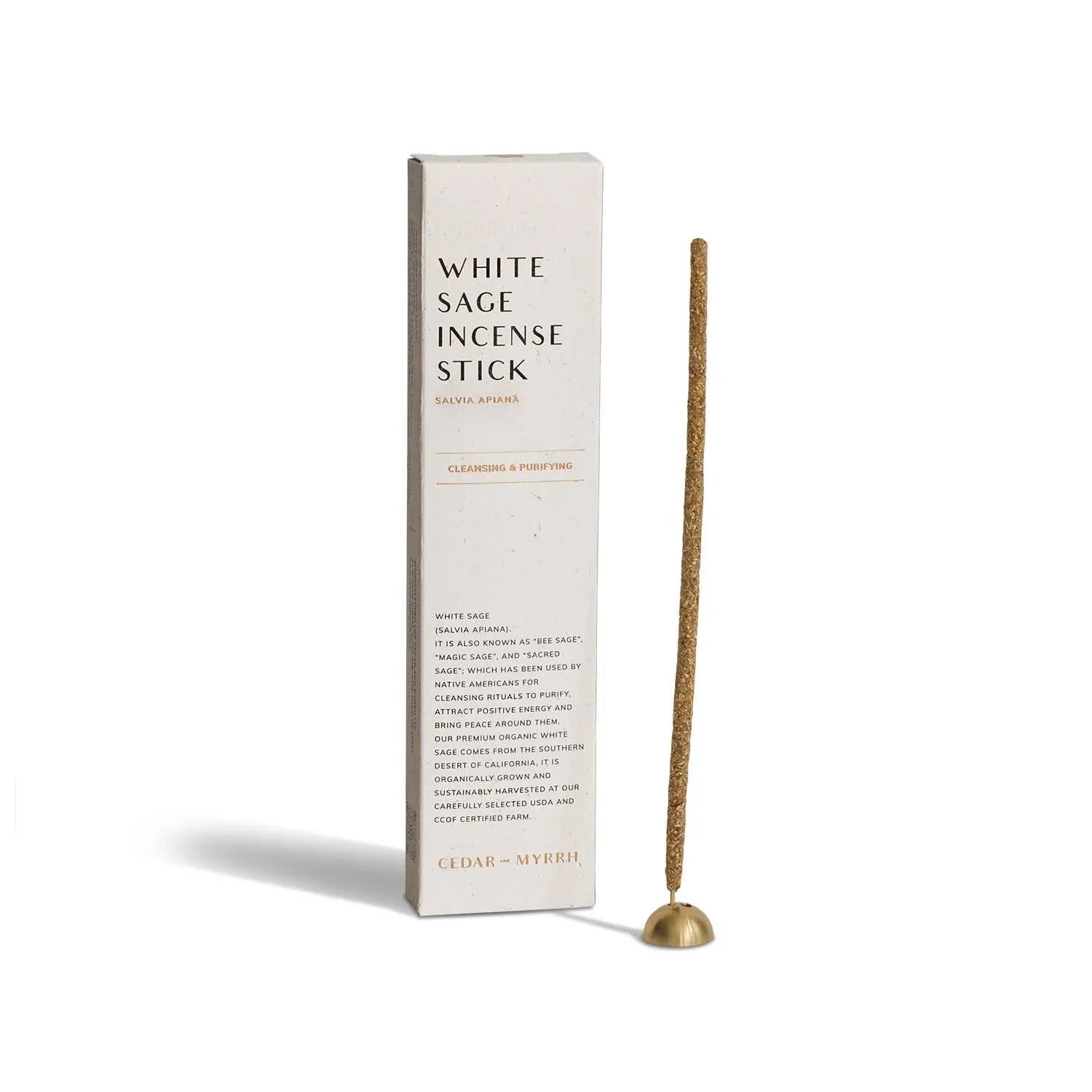White Sage Incense Stick with Cedar and Myrrh packaging and brass holder, cleansing and purifying scent. Come see us at Awaken, Franklin, Tennessee