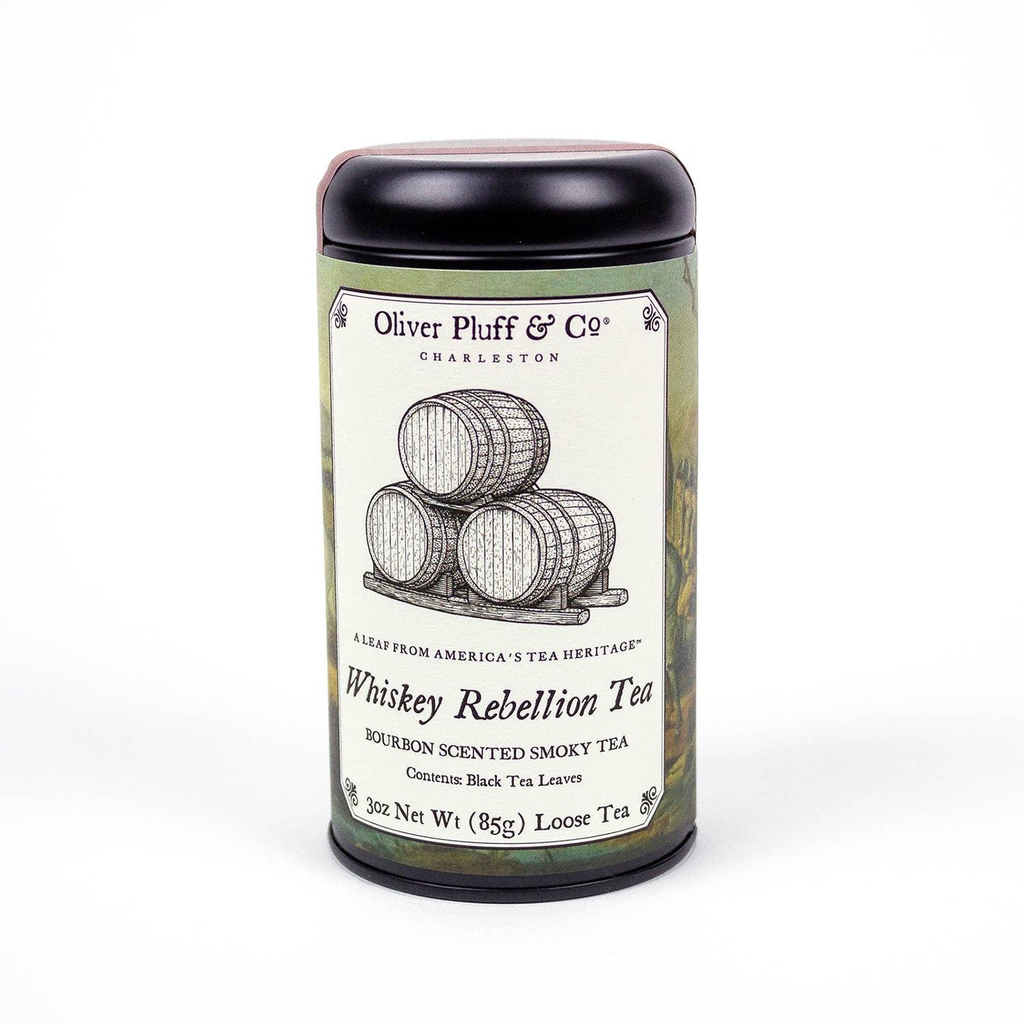 Oliver Pluff & Co Whiskey Rebellion Tea, bourbon scented smoky black loose leaf tea. Come see us at Awaken, Franklin, Tennessee
