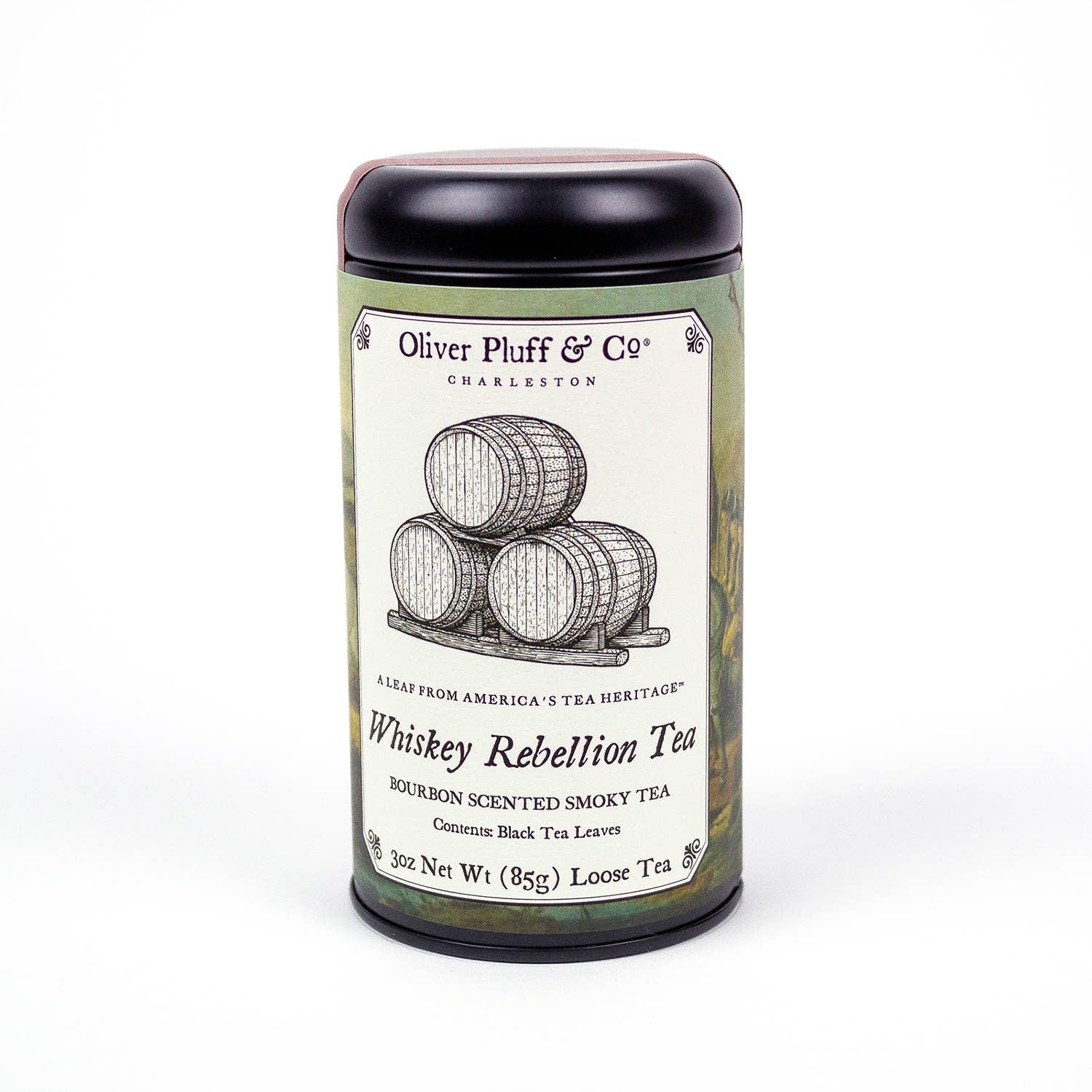 Oliver Pluff & Co Whiskey Rebellion Tea, bourbon scented smoky black loose leaf tea. Come see us at Awaken, Franklin, Tennessee