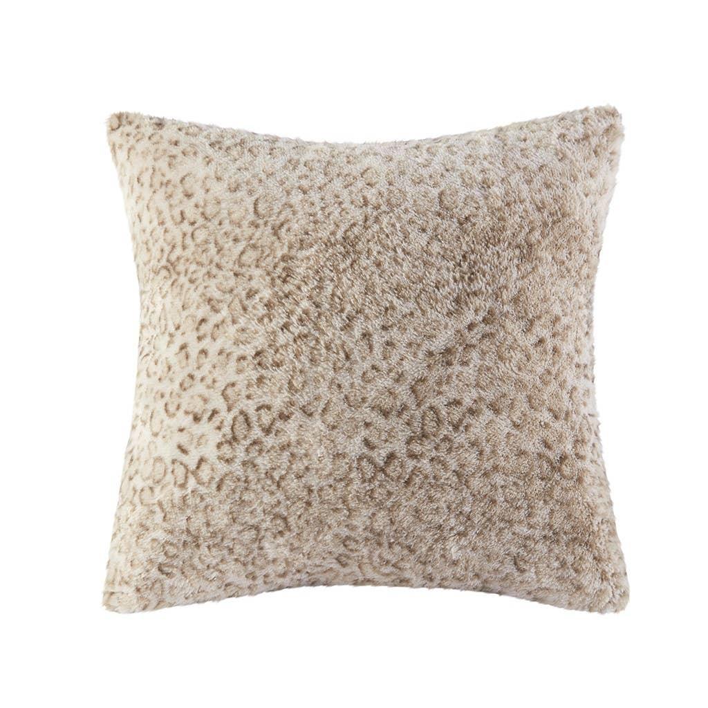 Soft beige leopard print faux fur decorative pillow on white background, Come see us at Awaken, Franklin, Tennessee
