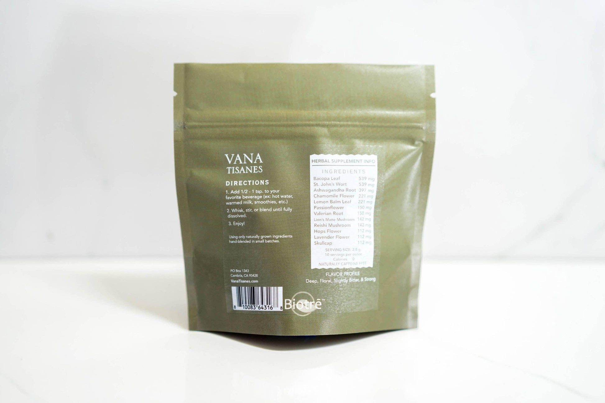 Back of Vana Tisanes herbal supplement package with ingredients and directions. Come see us at Awaken, Franklin, Tennessee