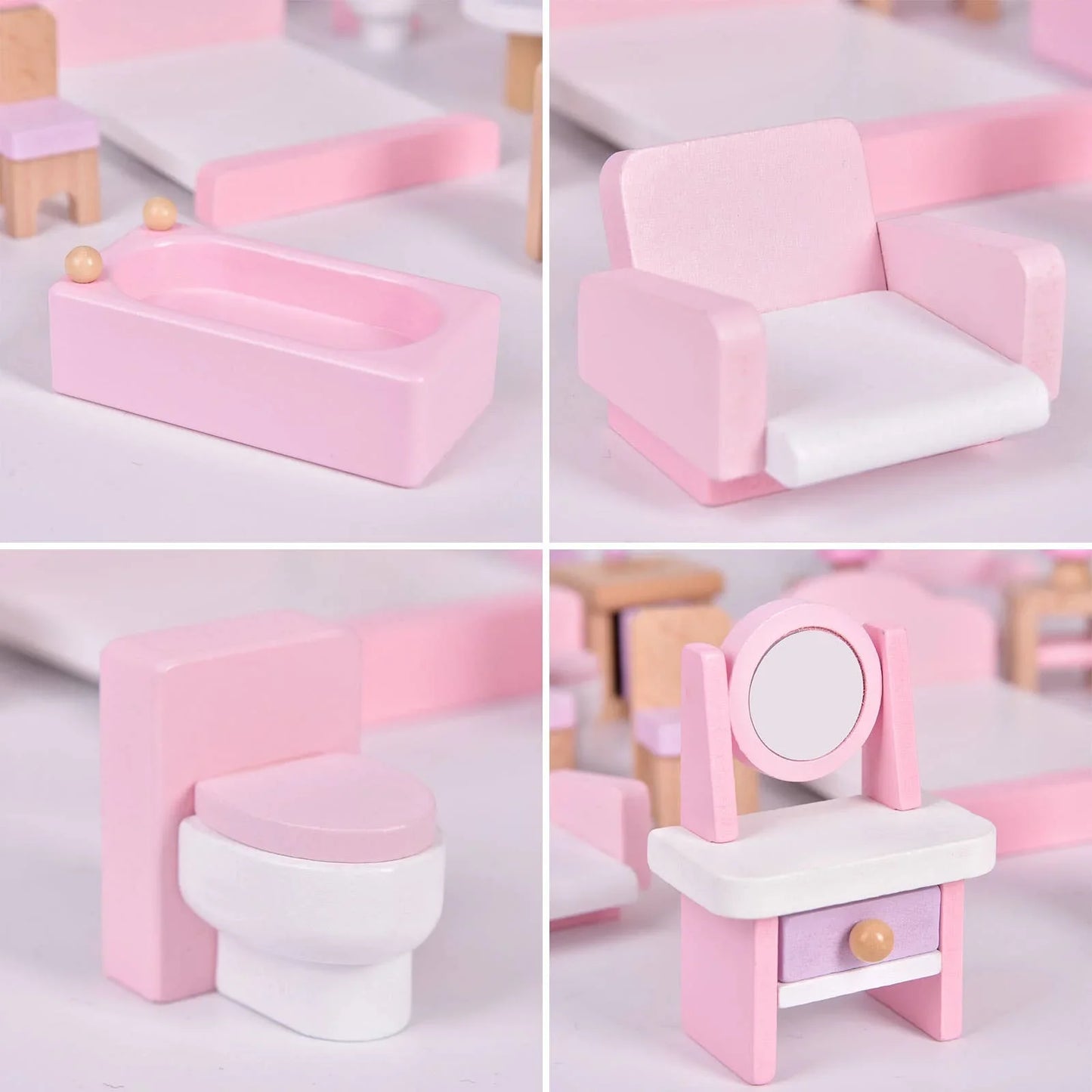 Miniature pink dollhouse furniture set with bathtub, chair, toilet, and vanity. Come see us at Awaken, Franklin, Tennessee.