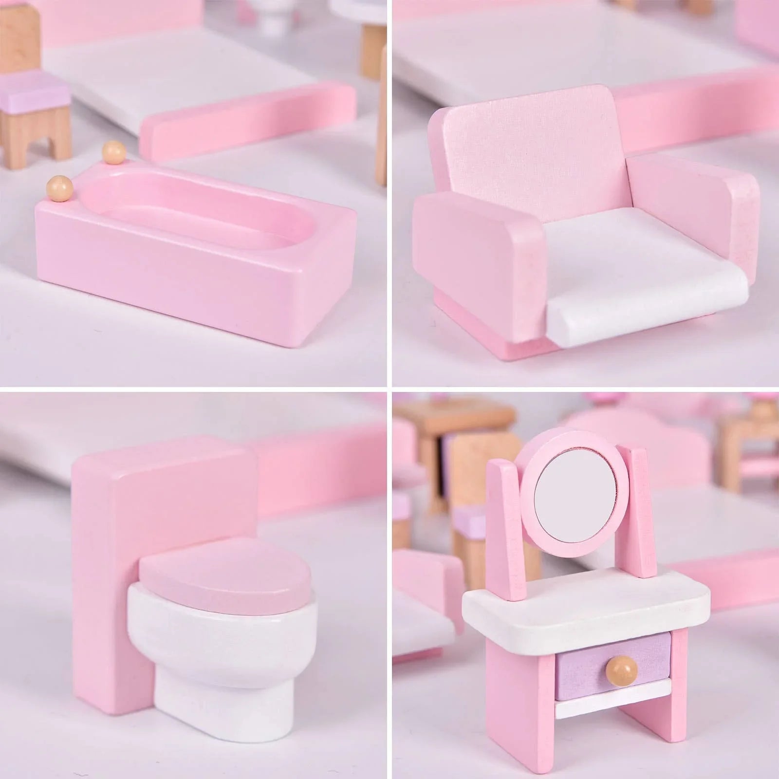 Miniature pink dollhouse furniture set with bathtub, chair, toilet, and vanity. Come see us at Awaken, Franklin, Tennessee.