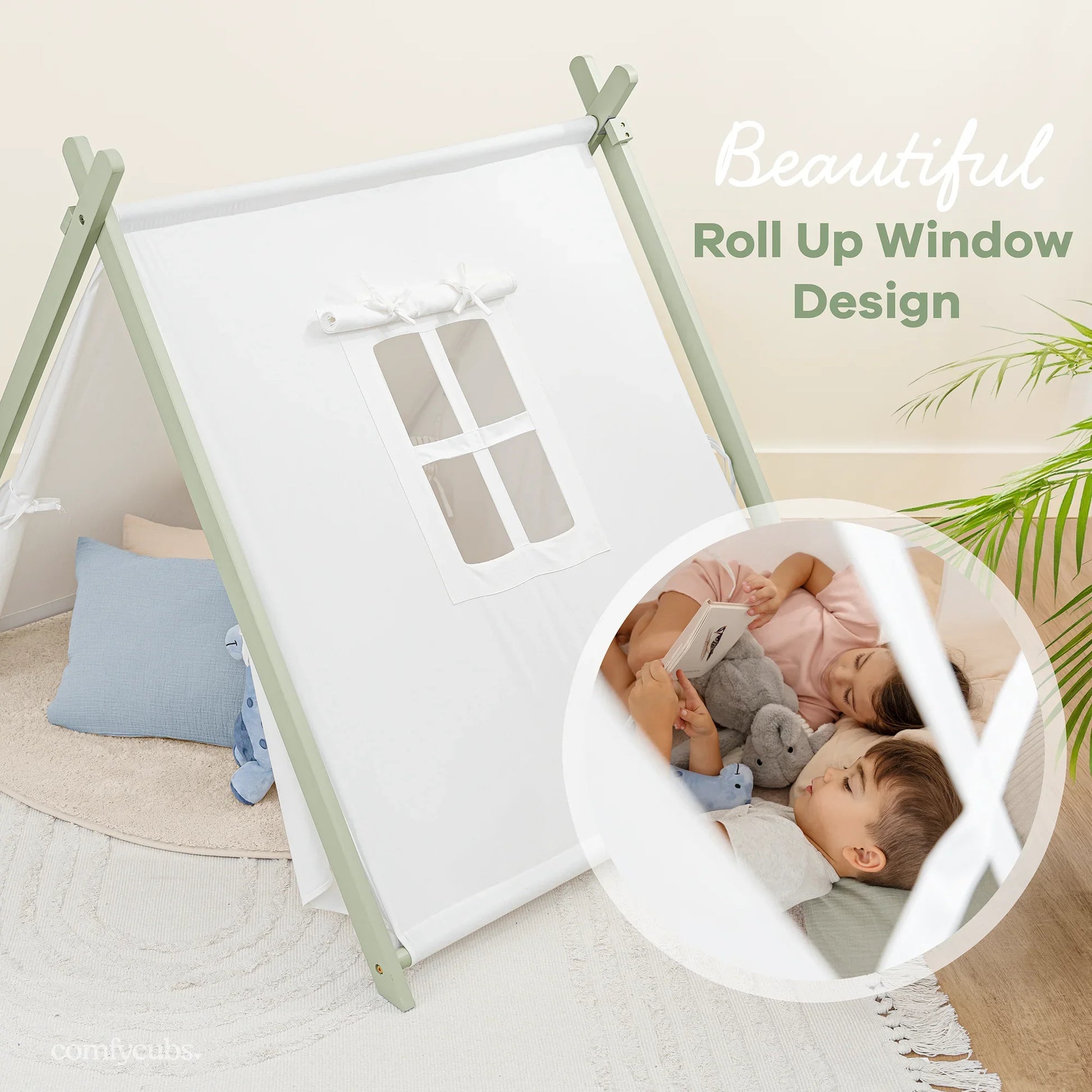 Kids reading in a white play tent with roll up window, cozy decor, Come see us at Awaken, Franklin, Tennessee