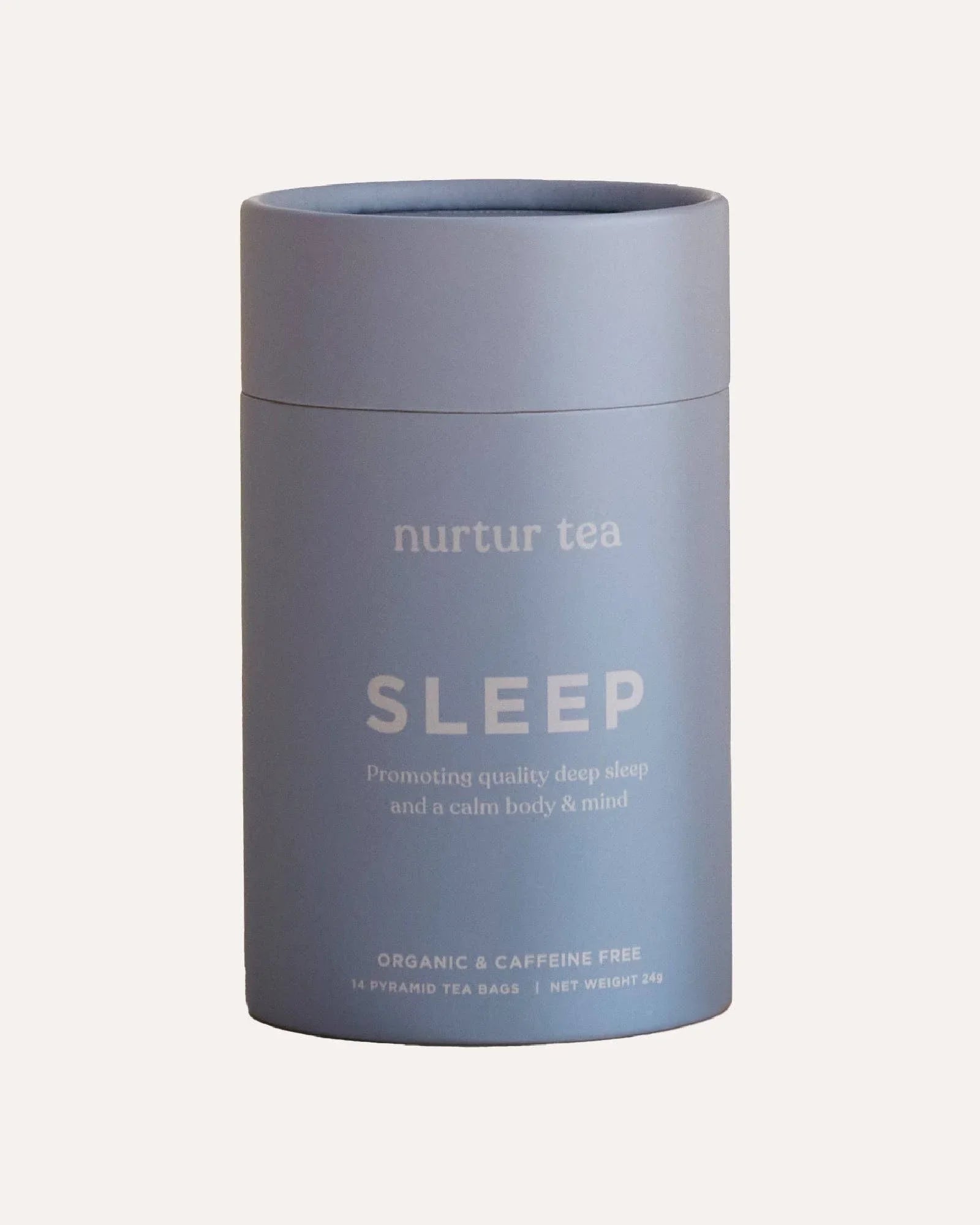 Blue container of nurtur tea Sleep blend, organic caffeine-free for quality deep sleep. Come see us at Awaken, Franklin, Tennessee