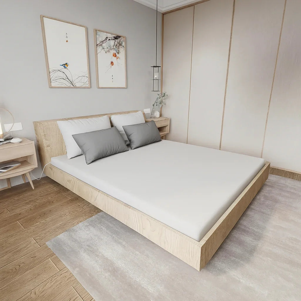 Minimalist bedroom with modern wooden bed, neutral decor, and abstract artwork. Come see us at Awaken, Franklin, Tennessee.