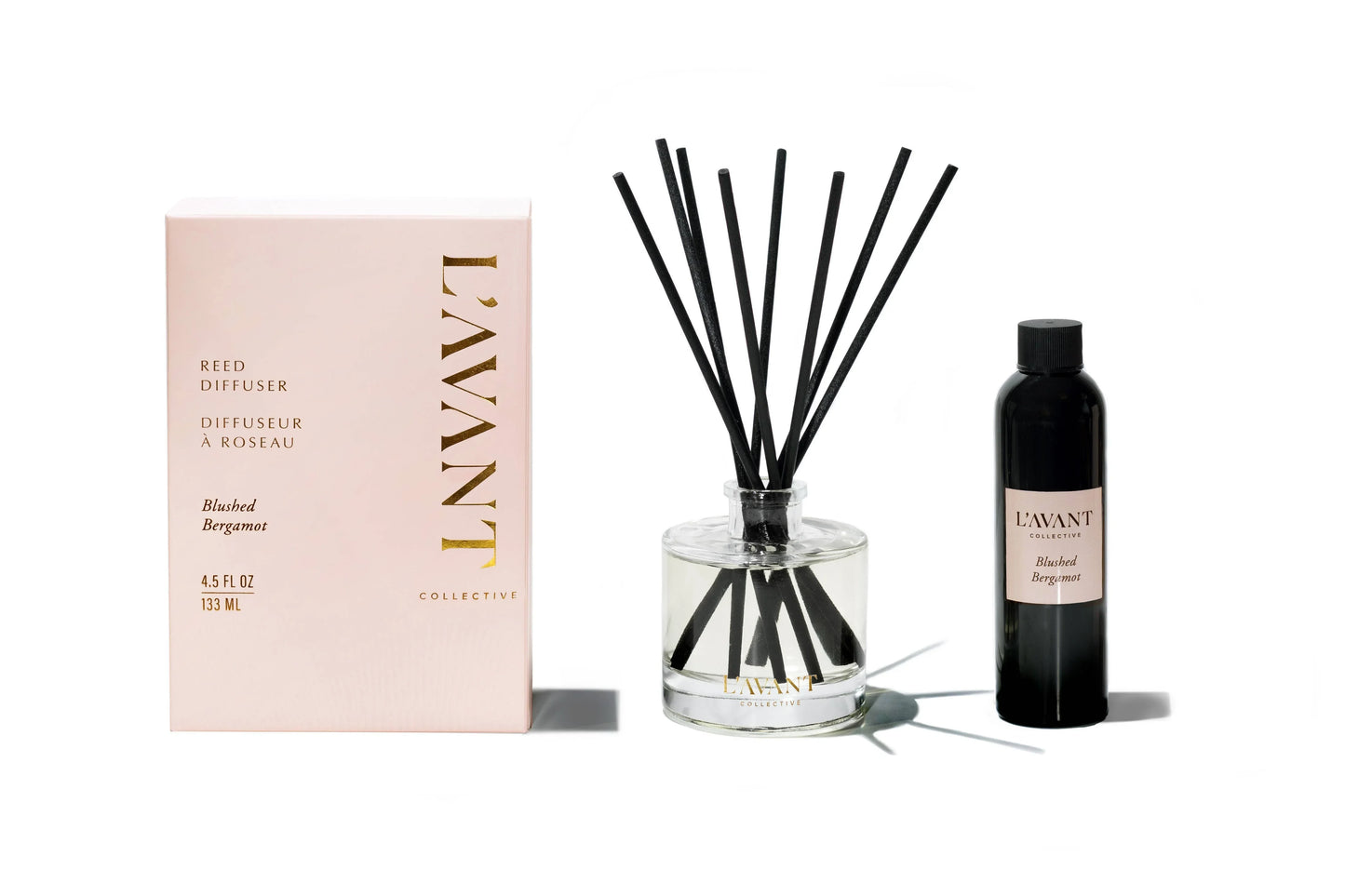 L'AVANT Collective Blushed Bergamot reed diffuser set with box and bottle, Come see us at Awaken, Franklin, Tennessee