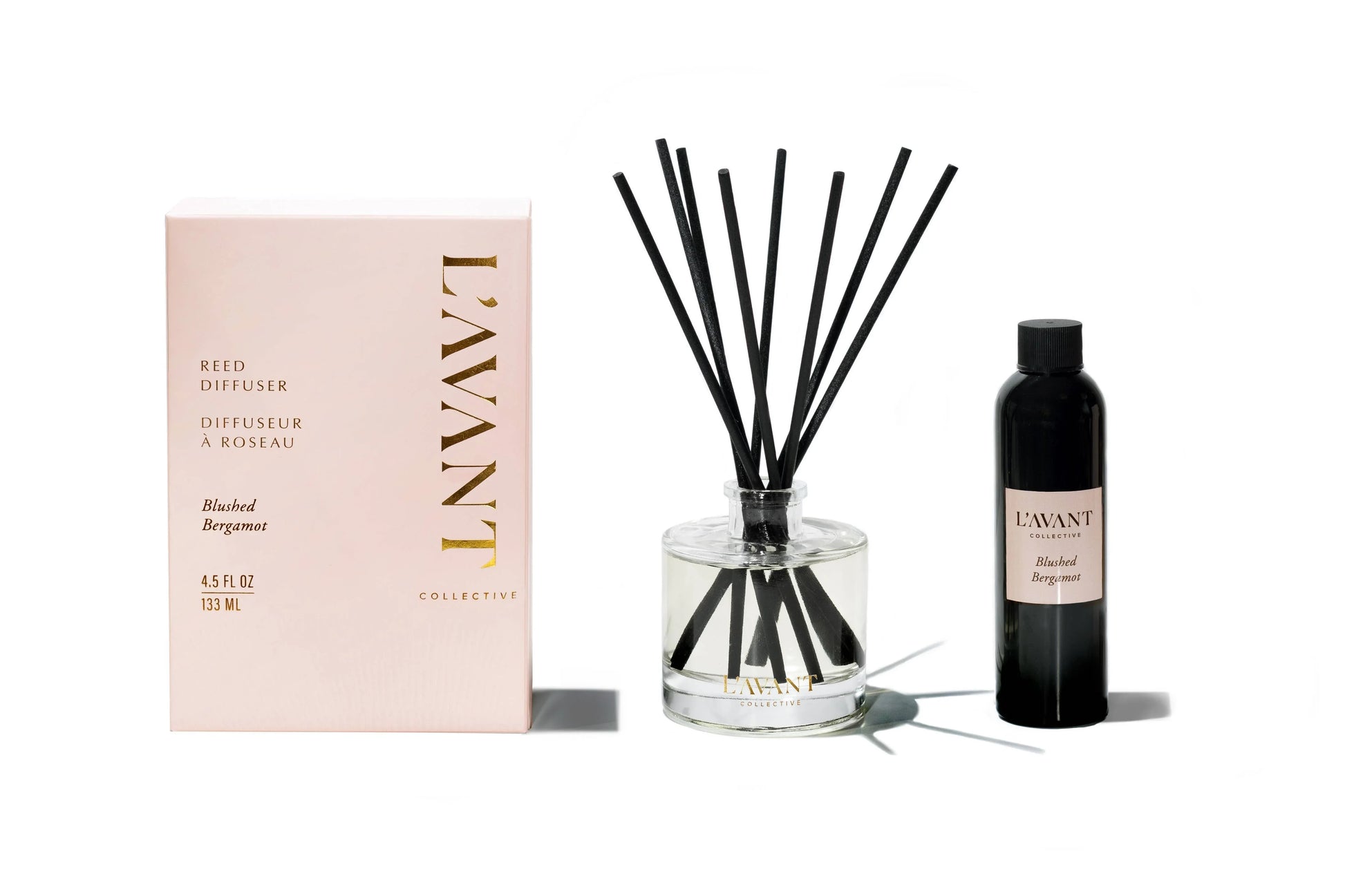 L'AVANT Collective Blushed Bergamot reed diffuser set with box and bottle, Come see us at Awaken, Franklin, Tennessee