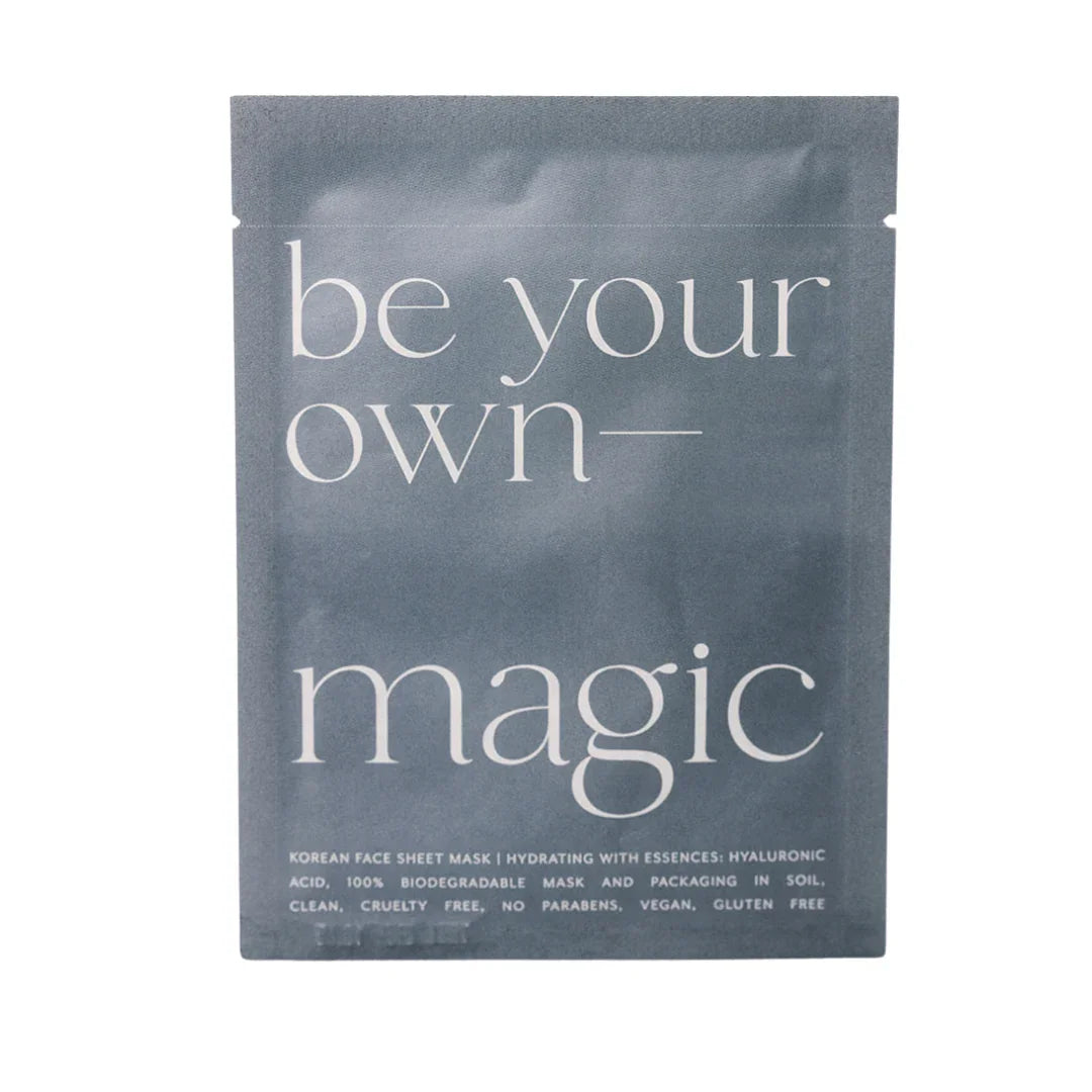 Korean face sheet mask package with 'be your own magic' text, Come see us at Awaken, Franklin, Tennessee.