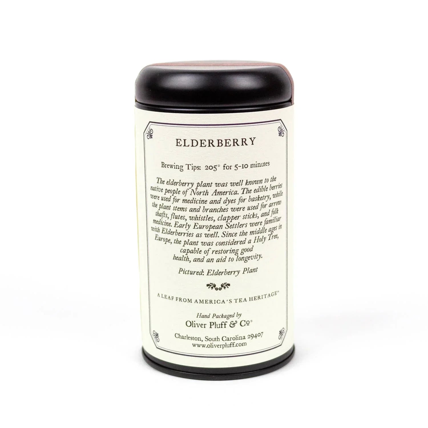 Elderberry tea tin with brewing tips by Oliver Pluff, Charleston; Come see us at Awaken, Franklin, Tennessee