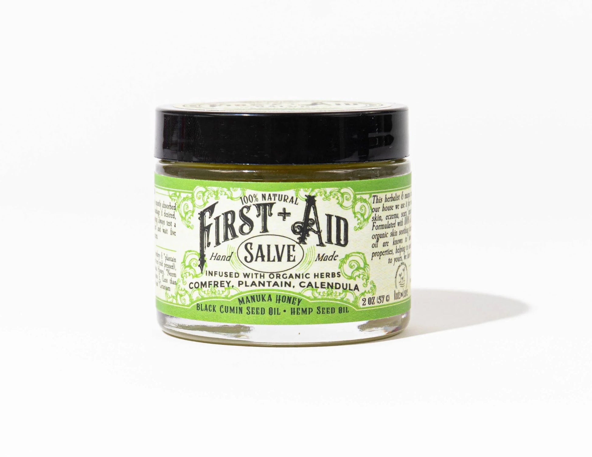 100% natural First Aid Salve with organic herbs in glass jar, Come see us at Awaken, Franklin, Tennessee