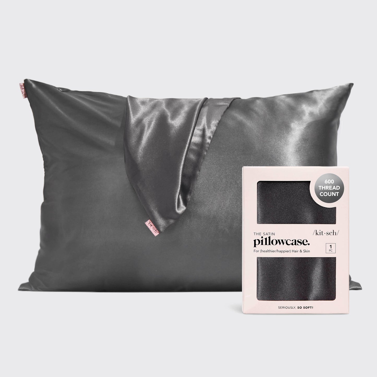 Gray satin pillowcase with 600 thread count packing, smooth and soft fabric, Come see us at Awaken, Franklin, Tennessee