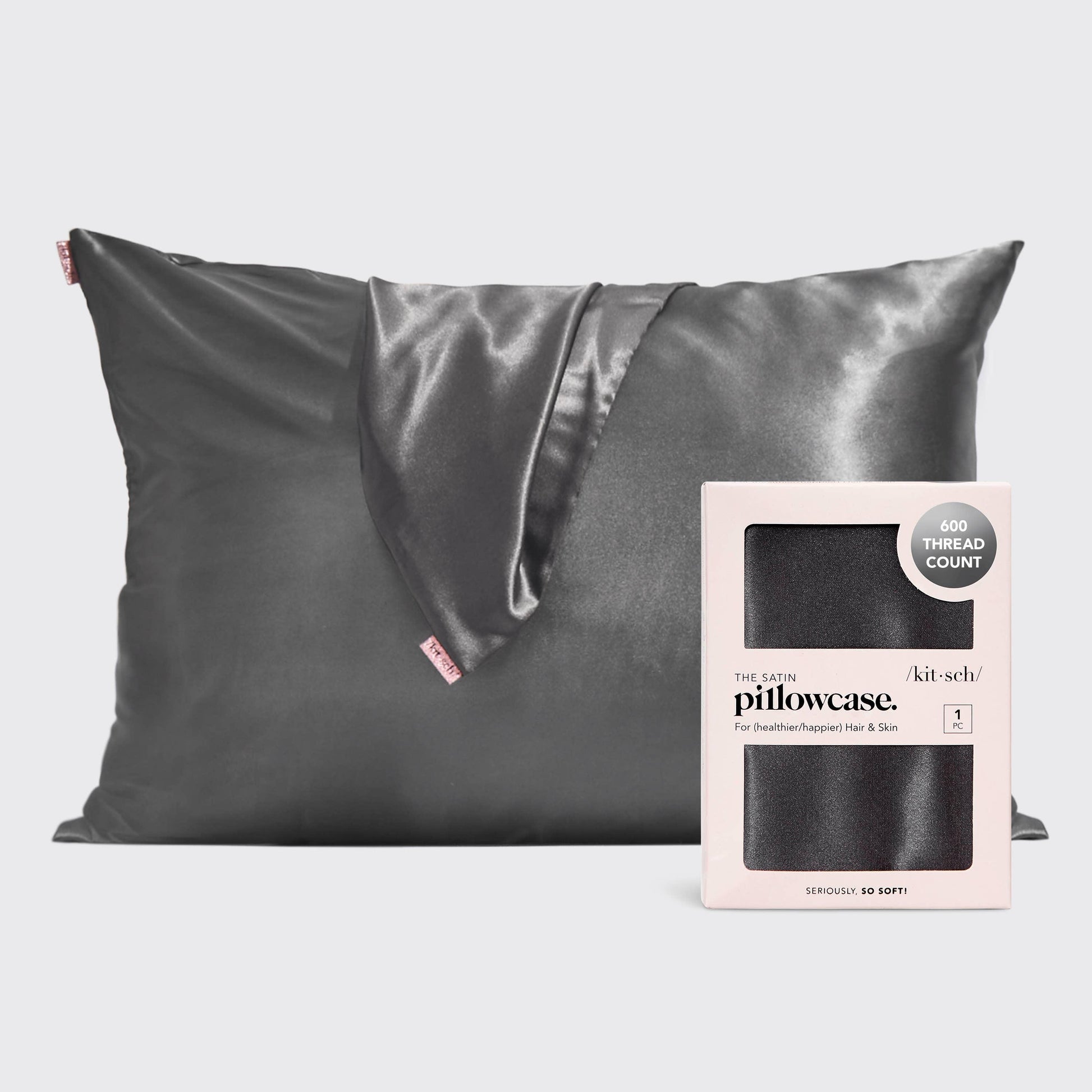 Gray satin pillowcase with 600 thread count packing, smooth and soft fabric, Come see us at Awaken, Franklin, Tennessee
