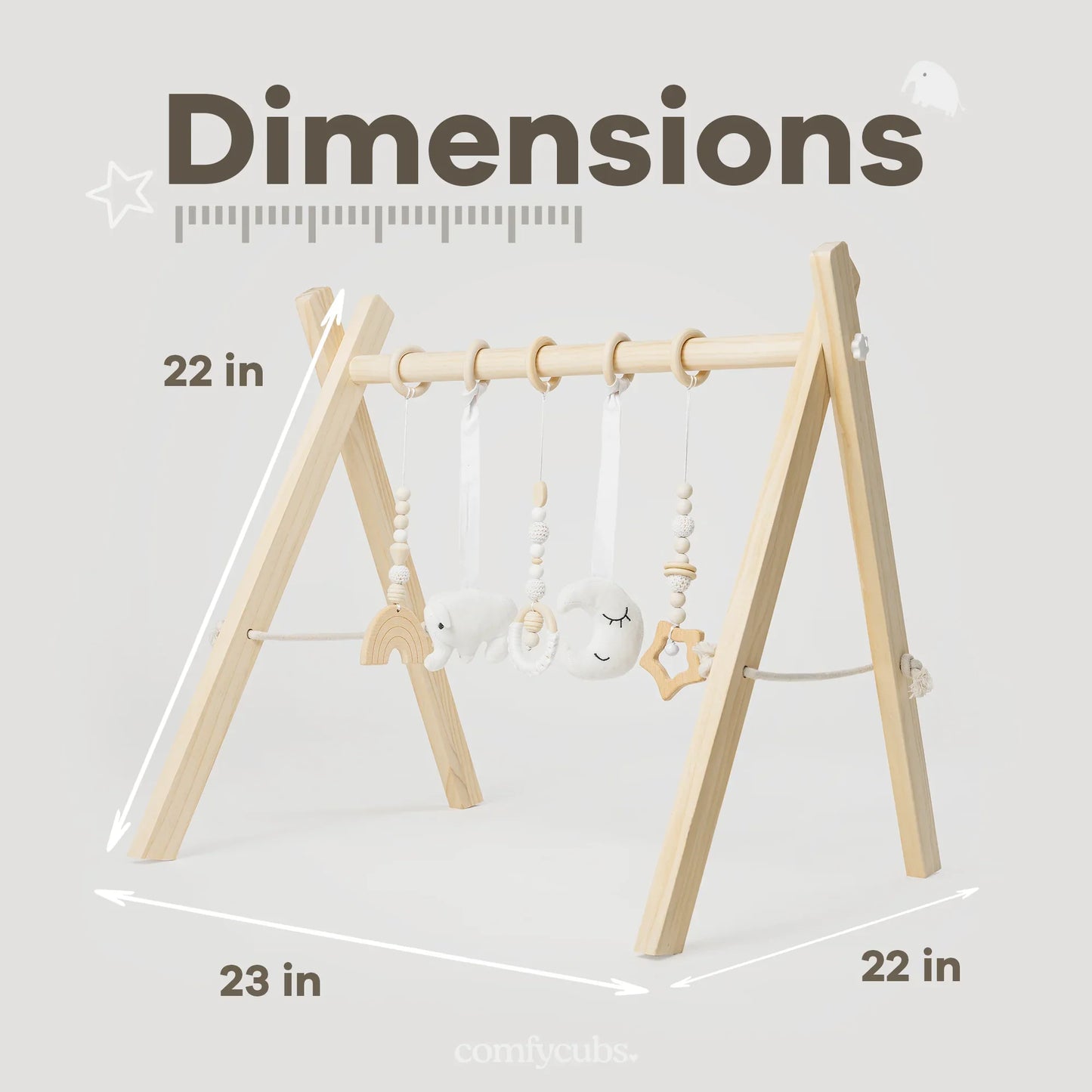 Wooden baby gym 22x23 inches with hanging plush and wooden toys, dimensions shown. Come see us at Awaken, Franklin, Tennessee