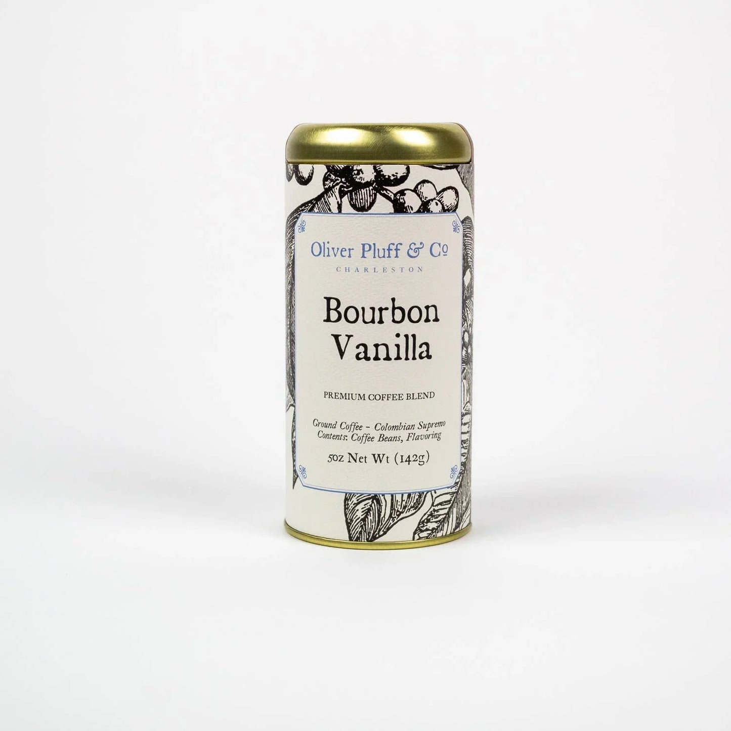 Oliver Pluff & Co Bourbon Vanilla ground coffee tin with floral design, 5oz, Come see us at Awaken, Franklin, Tennessee