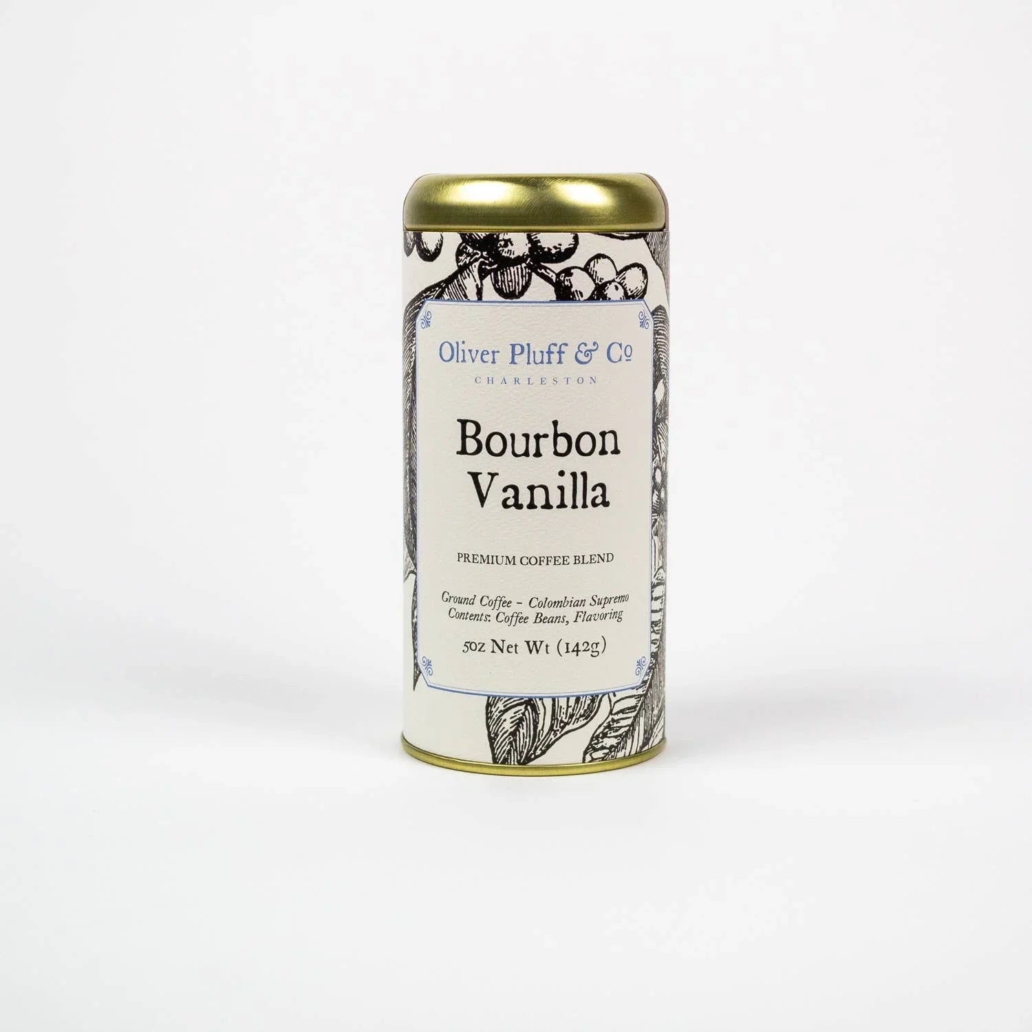 Oliver Pluff & Co Bourbon Vanilla ground coffee tin with floral design, 5oz, Come see us at Awaken, Franklin, Tennessee