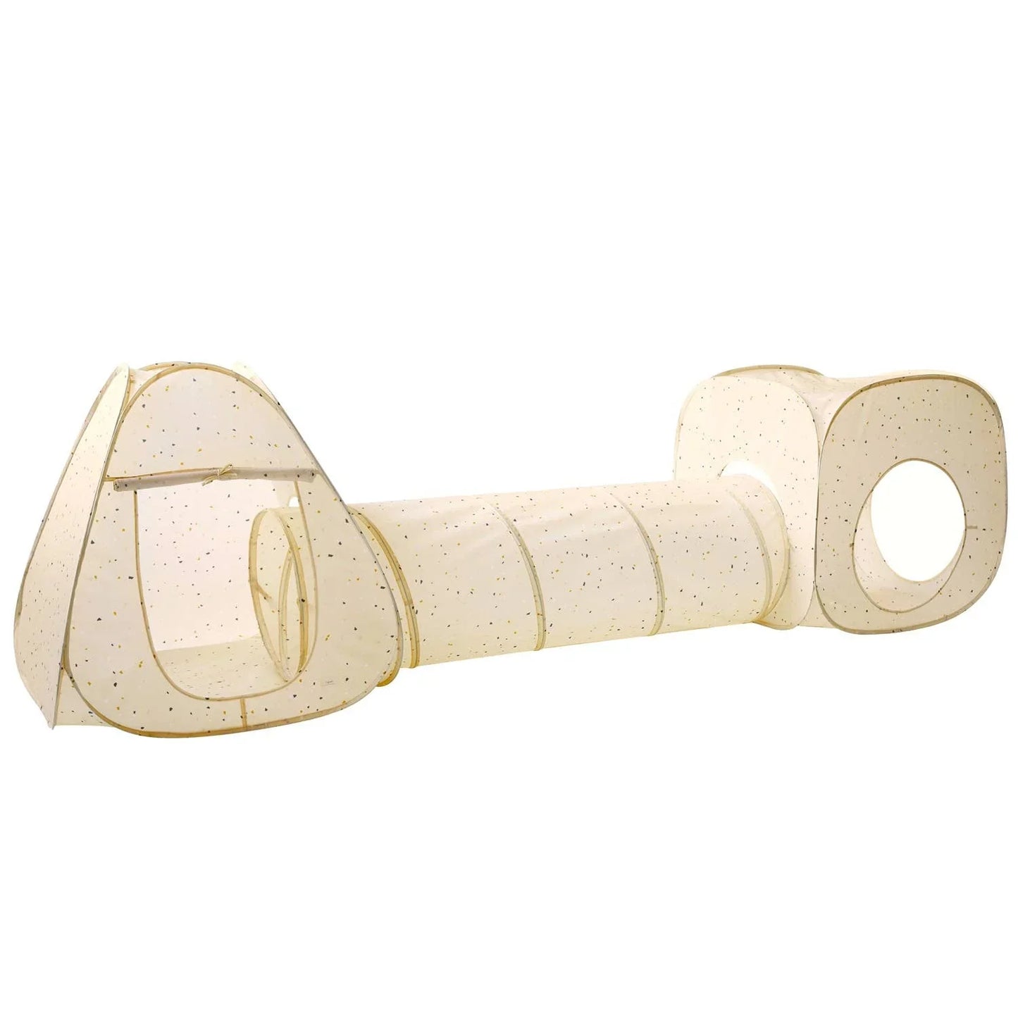 Beige play tent and tunnel for kids with black dots on white background. Come see us at Awaken, Franklin, Tennessee