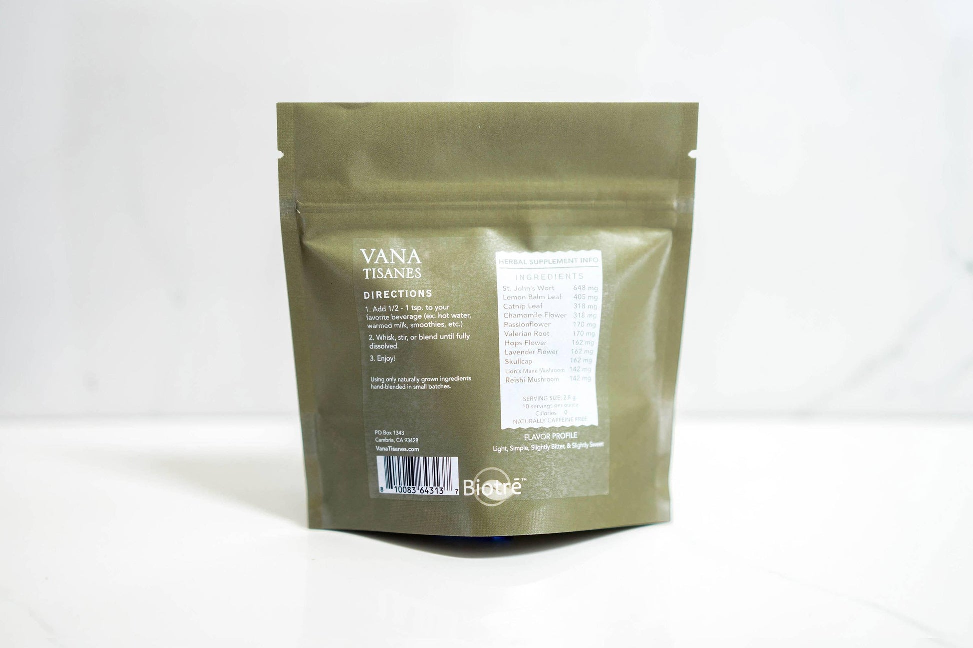 Vana Tisanes herbal tea pouch with ingredients and directions. Come see us at Awaken, Franklin, Tennessee