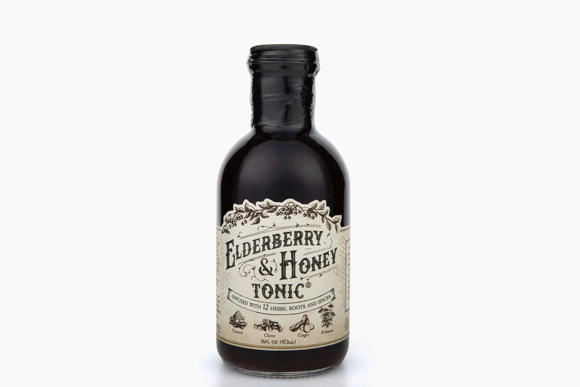 Bottle of Elderberry & Honey Tonic infused with 12 herbs including turmeric, cloves, ginger, and echinacea. Come see us at Awaken, Franklin, Tennessee