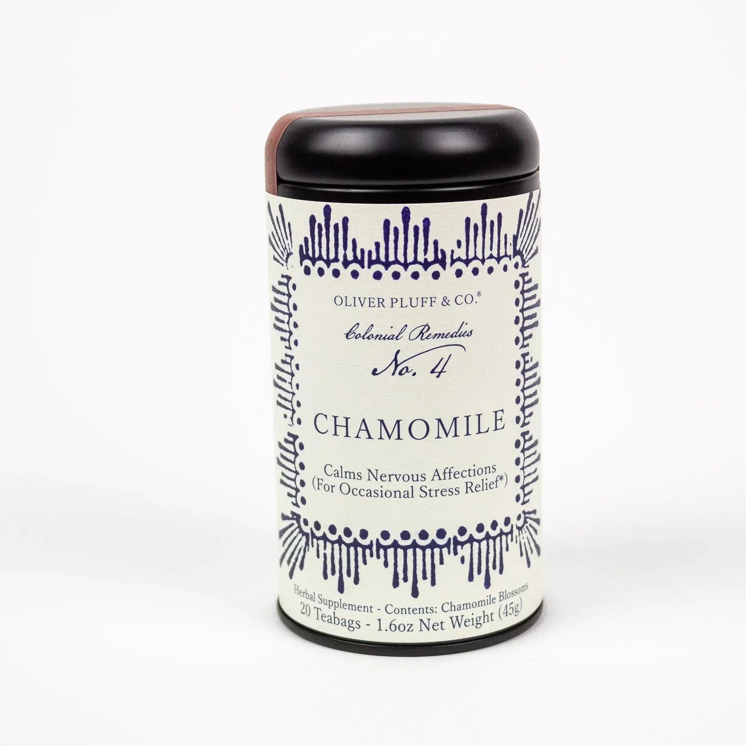 Oliver Pluff & Co. Chamomile tea supplement with decorative label, 20 teabags, stress relief. Come see us at Awaken, Franklin, Tennessee